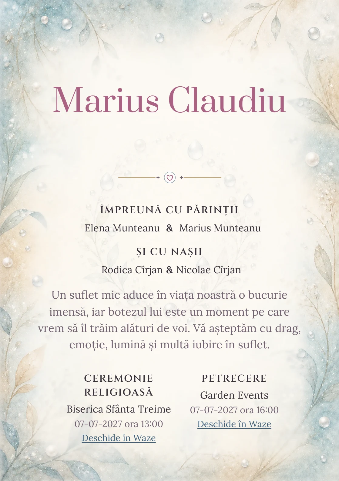 Invitație digitală de botez Perle de Rouă, fundal cu perle de rouă, bleu acvatic pal, argintiu perlat, nisipiu și ivory și centru luminos pentru text