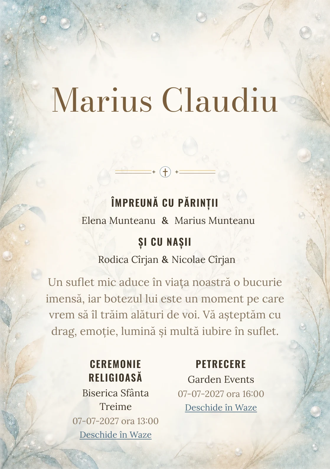 Invitație digitală de botez Perle de Rouă, fundal cu perle de rouă, bleu acvatic pal, argintiu perlat, nisipiu și ivory și centru luminos pentru text