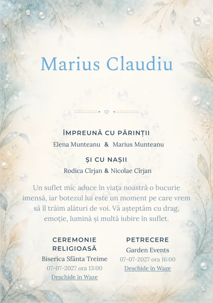 Perle de Rouă, design din gama de invitații botez, prezintă perle de rouă, alături de bleu acvatic pal și argintiu perlat.