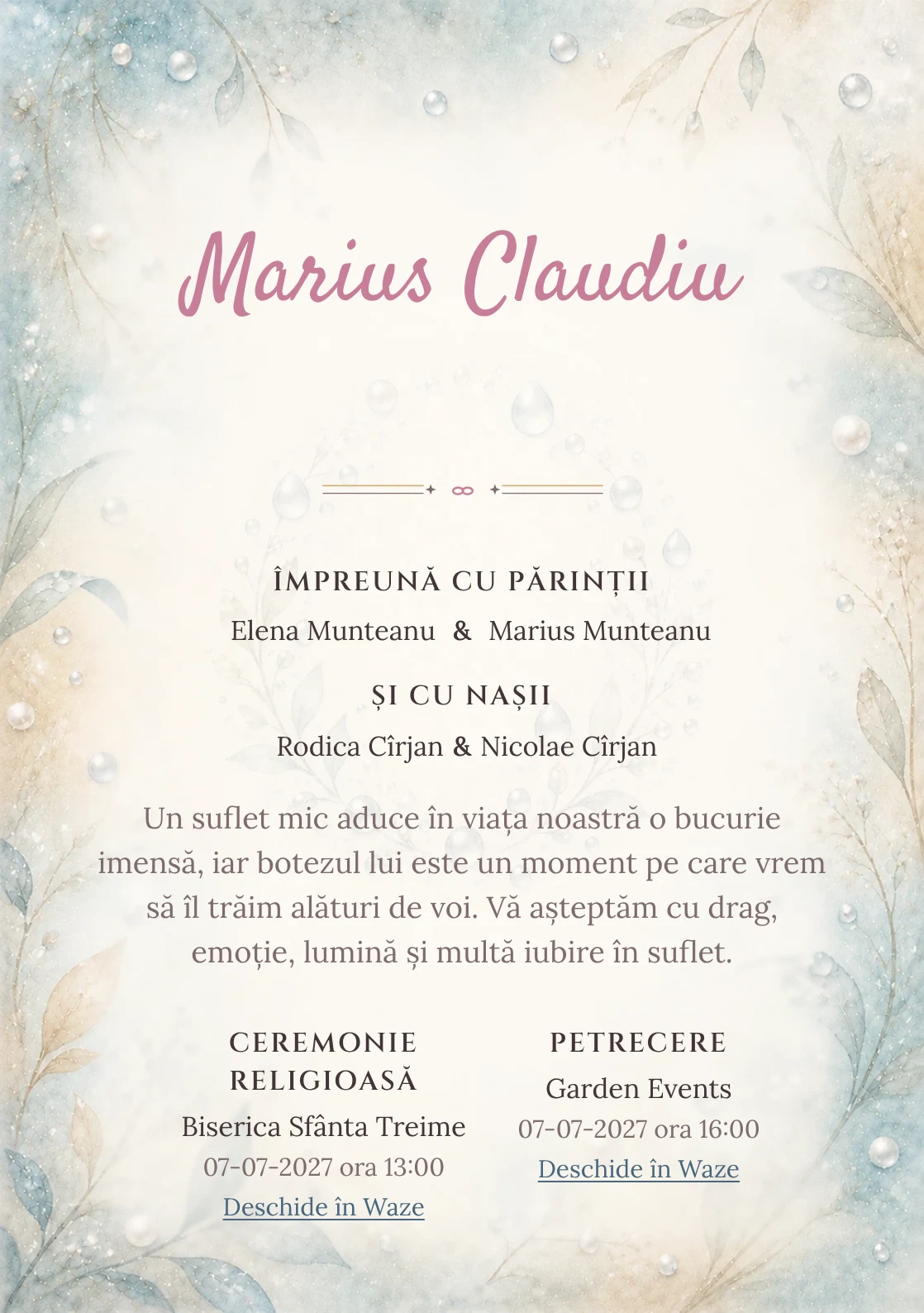 Invitație digitală de botez Perle de Rouă, fundal cu perle de rouă, bleu acvatic pal, argintiu perlat, nisipiu și ivory și centru luminos pentru text