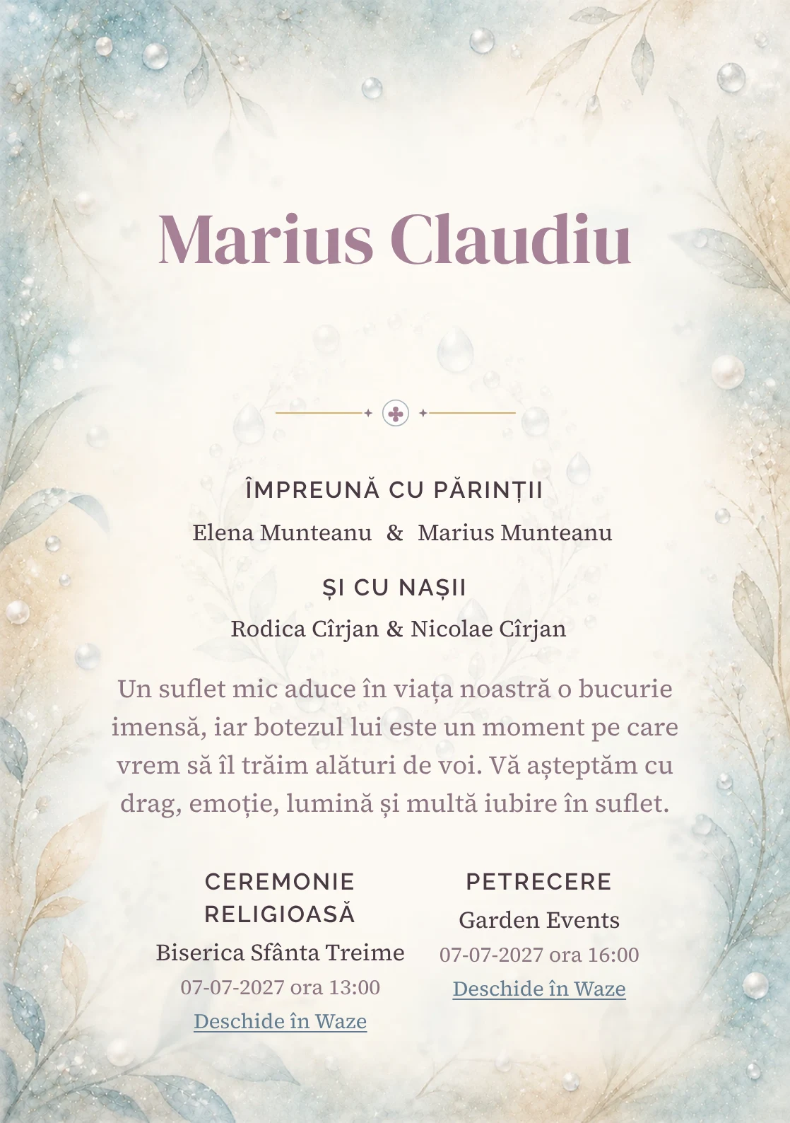 Invitație digitală de botez Perle de Rouă, fundal cu perle de rouă, bleu acvatic pal, argintiu perlat, nisipiu și ivory și centru luminos pentru text