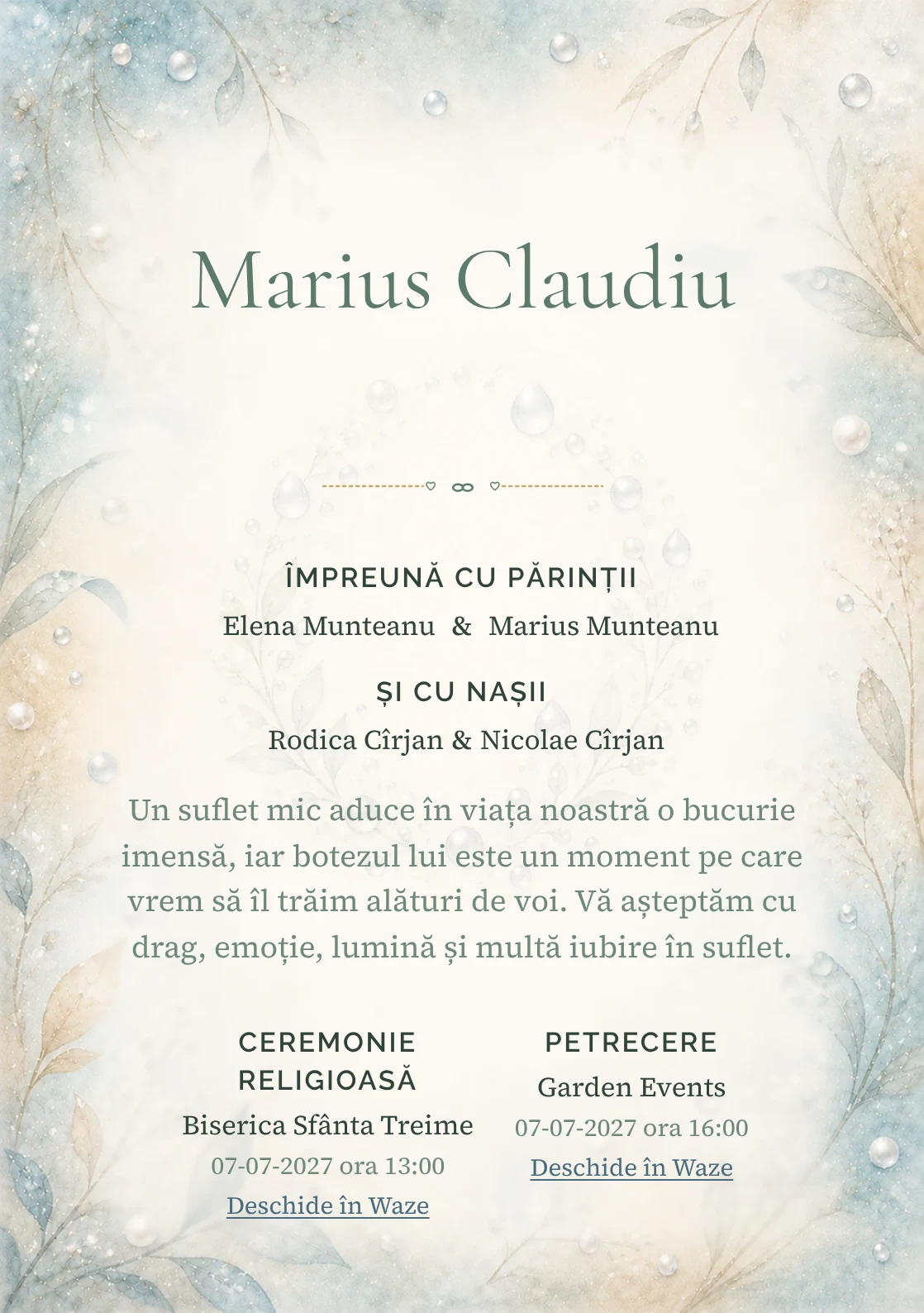 Invitație digitală de botez Perle de Rouă, fundal cu perle de rouă, bleu acvatic pal, argintiu perlat, nisipiu și ivory și centru luminos pentru text