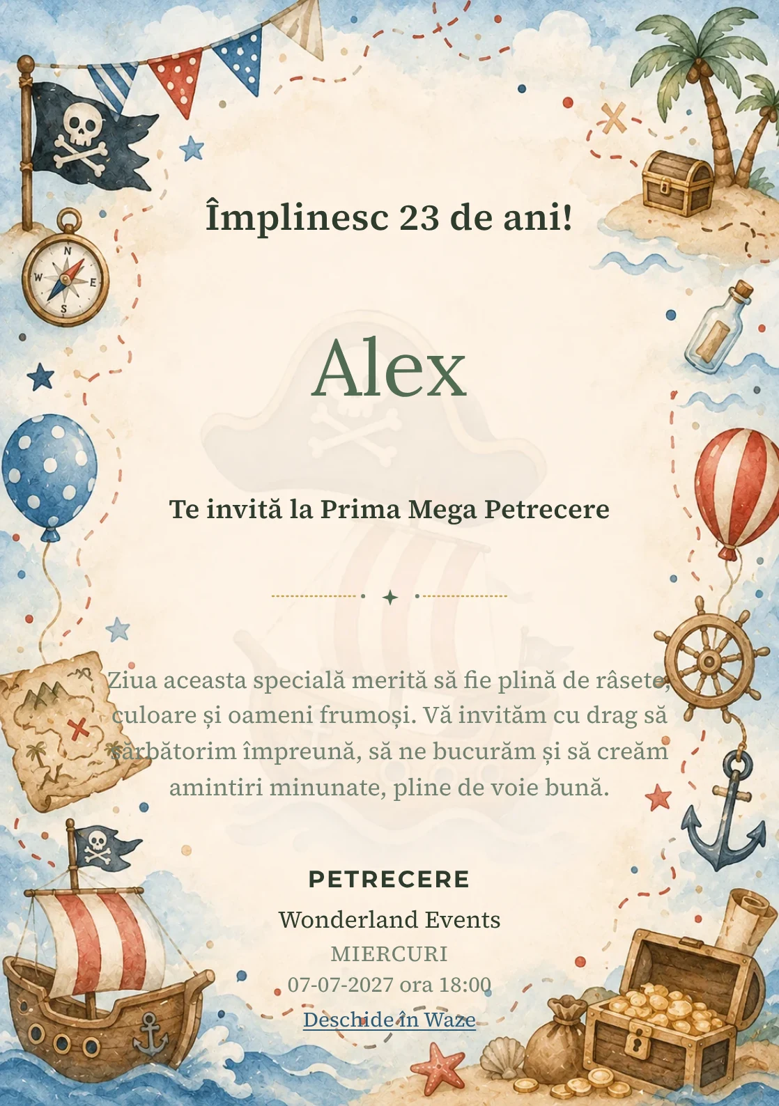 Invitație digitală de zi de naștere Pirați Jucăuși, fundal pastel cu hartă de aventură, corăbioară și comori mici