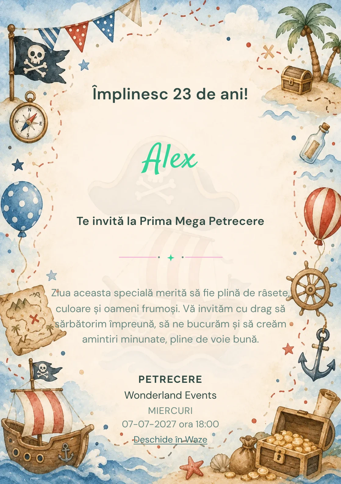 Invitație digitală de zi de naștere Pirați Jucăuși, fundal pastel cu hartă de aventură, corăbioară și comori mici