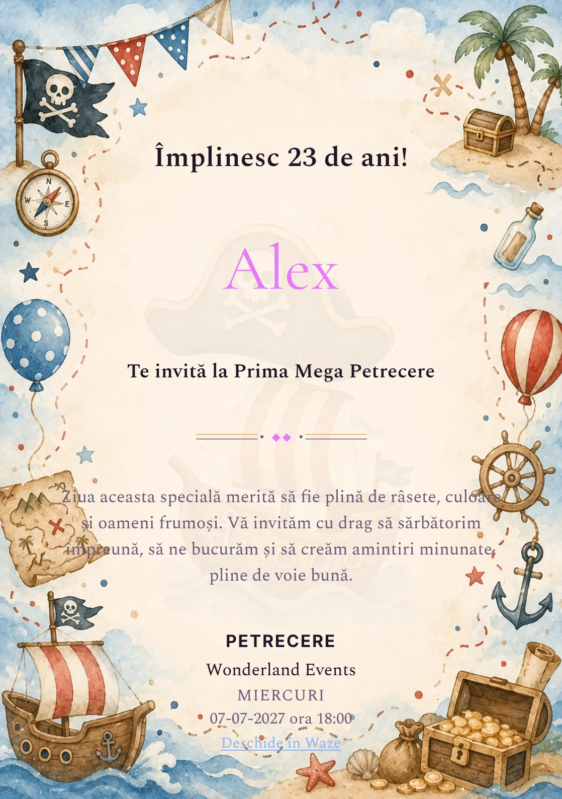 Invitație digitală de zi de naștere Pirați Jucăuși, fundal pastel cu hartă de aventură, corăbioară și comori mici