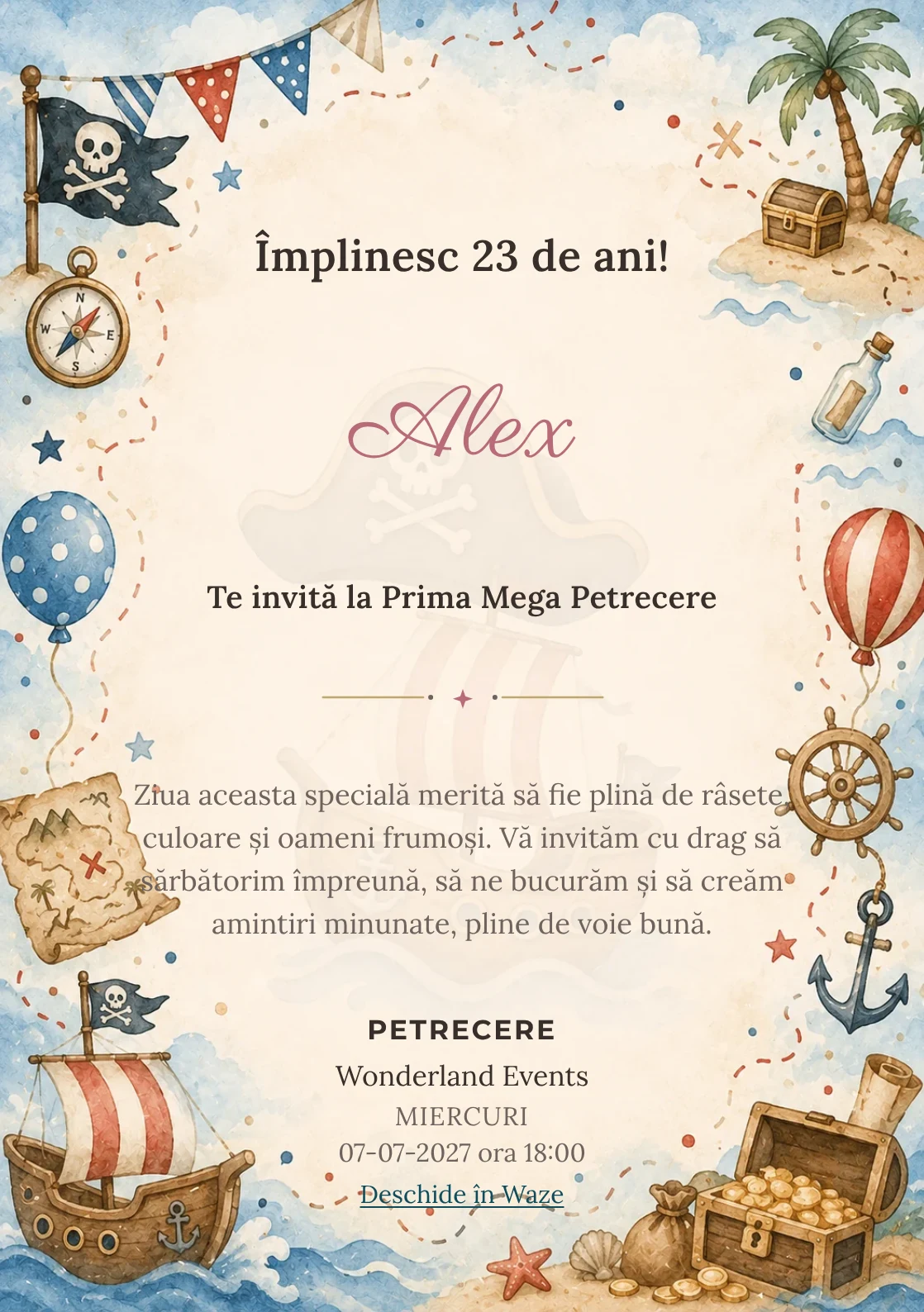 Invitație digitală de zi de naștere Pirați Jucăuși, fundal pastel cu hartă de aventură, corăbioară și comori mici