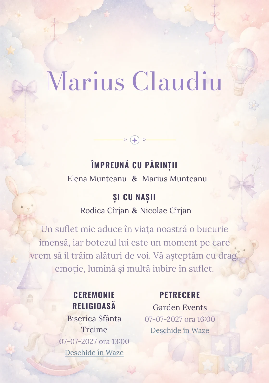 Invitație digitală de botez Poveste cu Nori, fundal cu nori stilizați, jucării fine, roz ceață, bleu pal și lila deschis și centru luminos pentru text