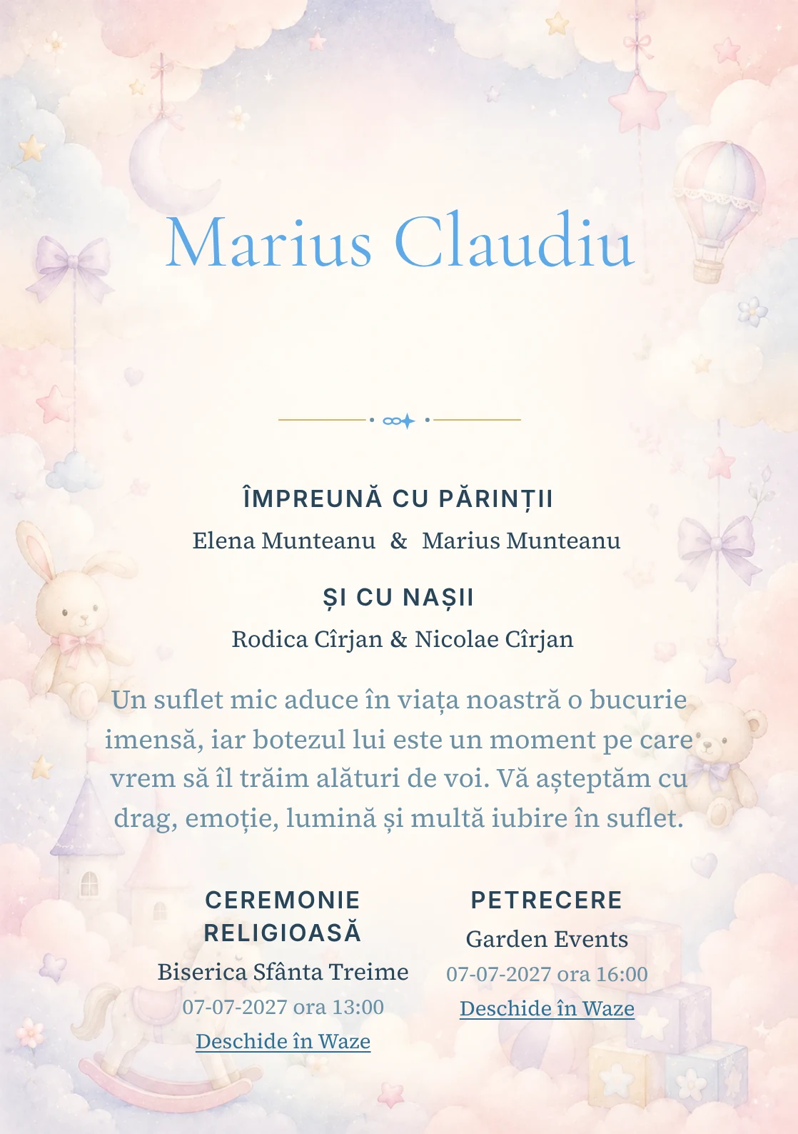 Invitație digitală de botez Poveste cu Nori, fundal cu nori stilizați, jucării fine, roz ceață, bleu pal și lila deschis și centru luminos pentru text