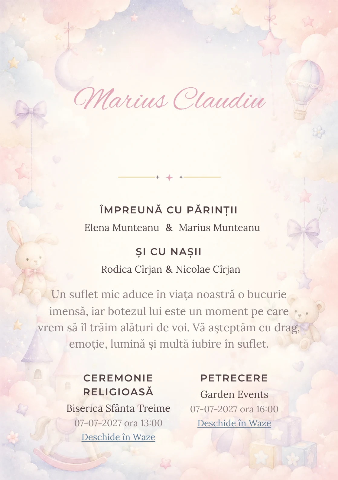 Invitație digitală de botez Poveste cu Nori, fundal cu nori stilizați, jucării fine, roz ceață, bleu pal și lila deschis și centru luminos pentru text