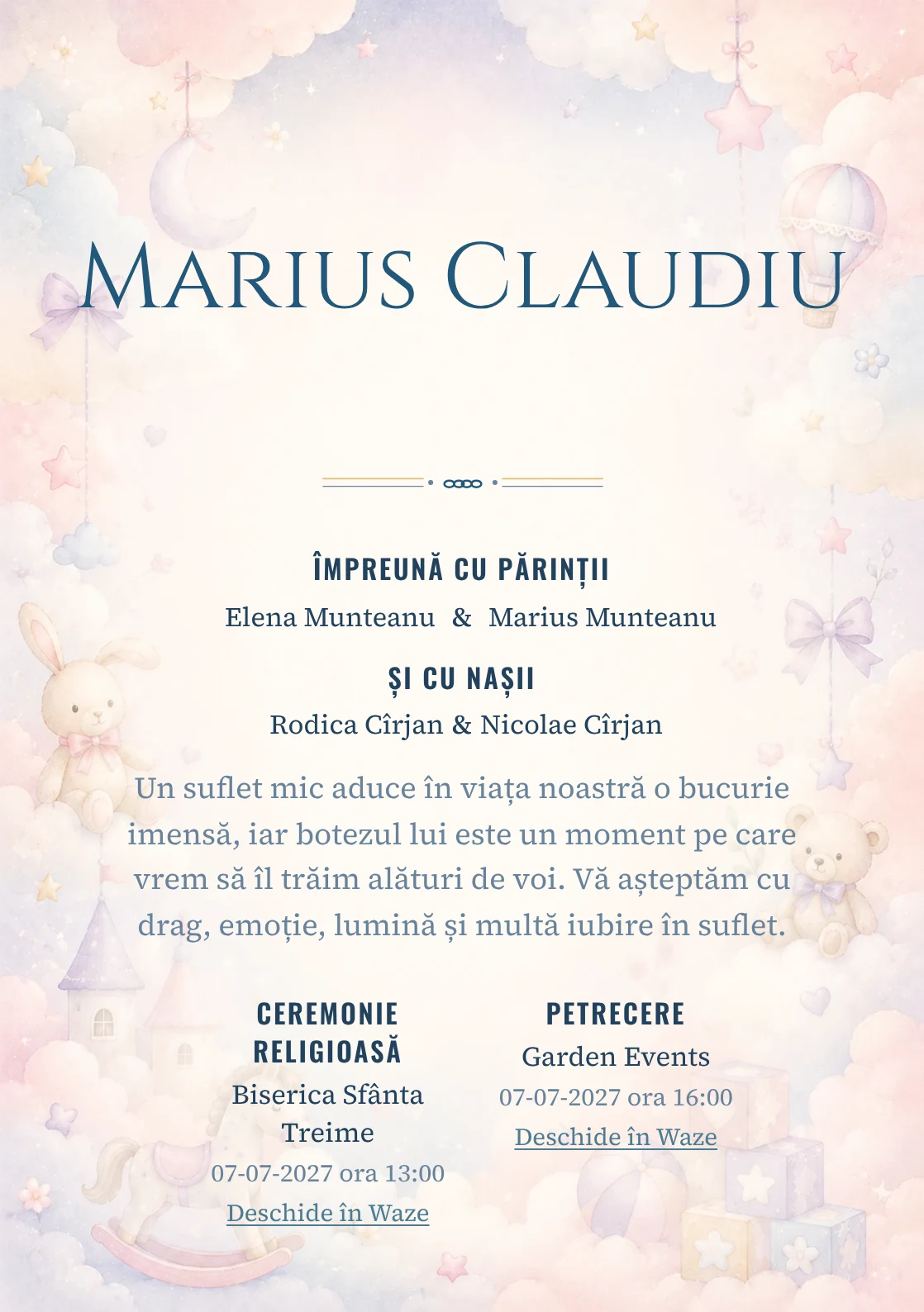 Invitație digitală de botez Poveste cu Nori, fundal cu nori stilizați, jucării fine, roz ceață, bleu pal și lila deschis și centru luminos pentru text