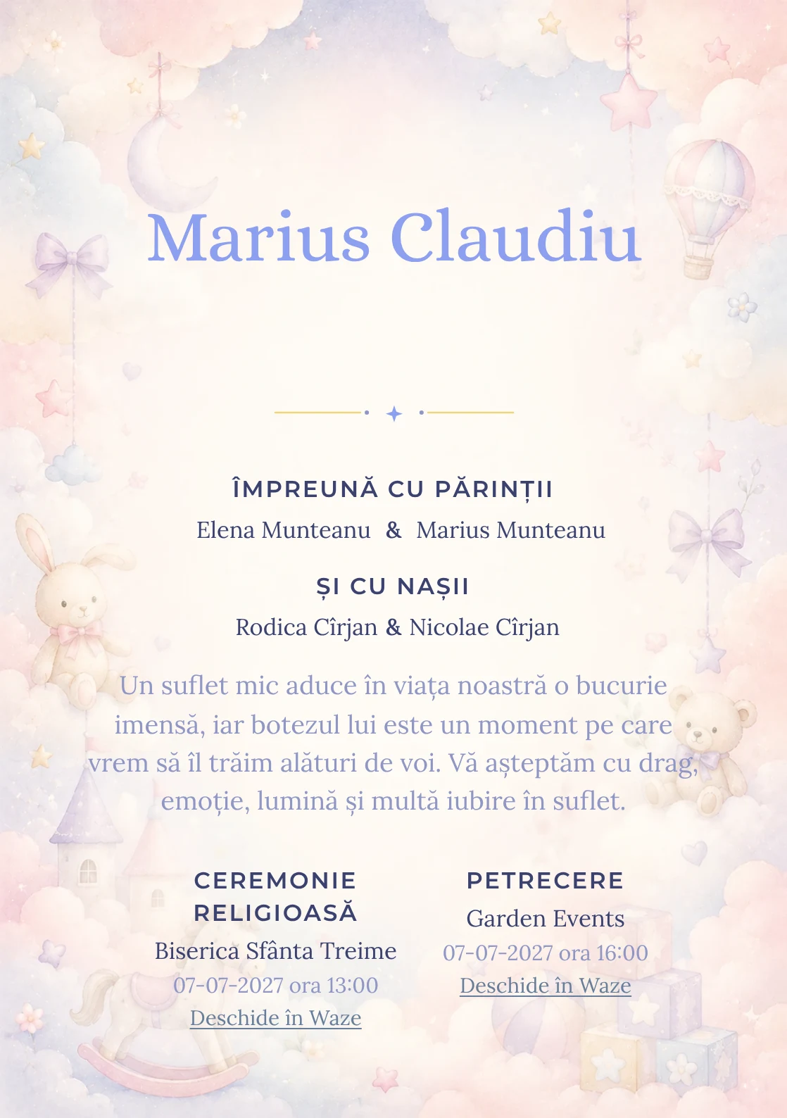 Invitație digitală de botez Poveste cu Nori, fundal cu nori stilizați, jucării fine, roz ceață, bleu pal și lila deschis și centru luminos pentru text