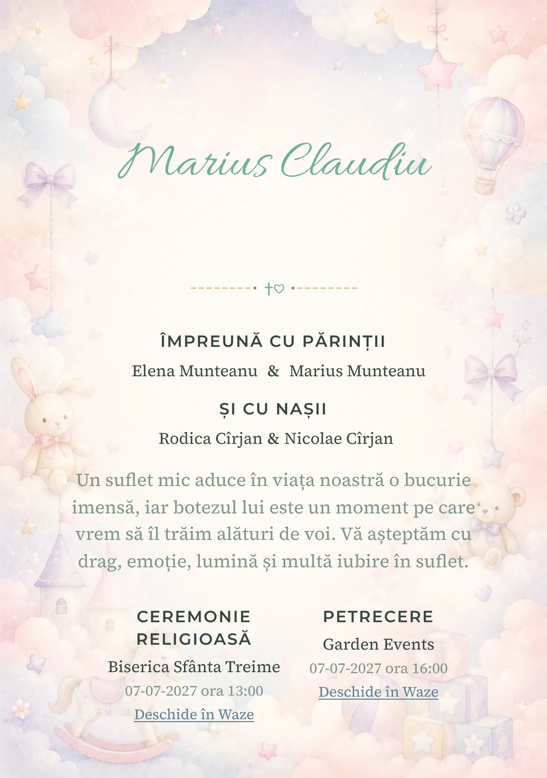 Invitație digitală de botez Poveste cu Nori, fundal cu nori stilizați, jucării fine, roz ceață, bleu pal și lila deschis și centru luminos pentru text