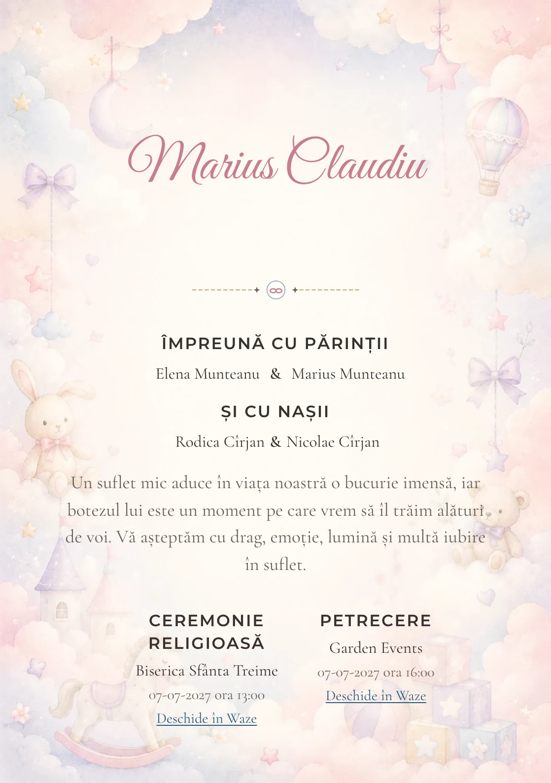 Invitație digitală de botez Poveste cu Nori, fundal cu nori stilizați, jucării fine, roz ceață, bleu pal și lila deschis și centru luminos pentru text
