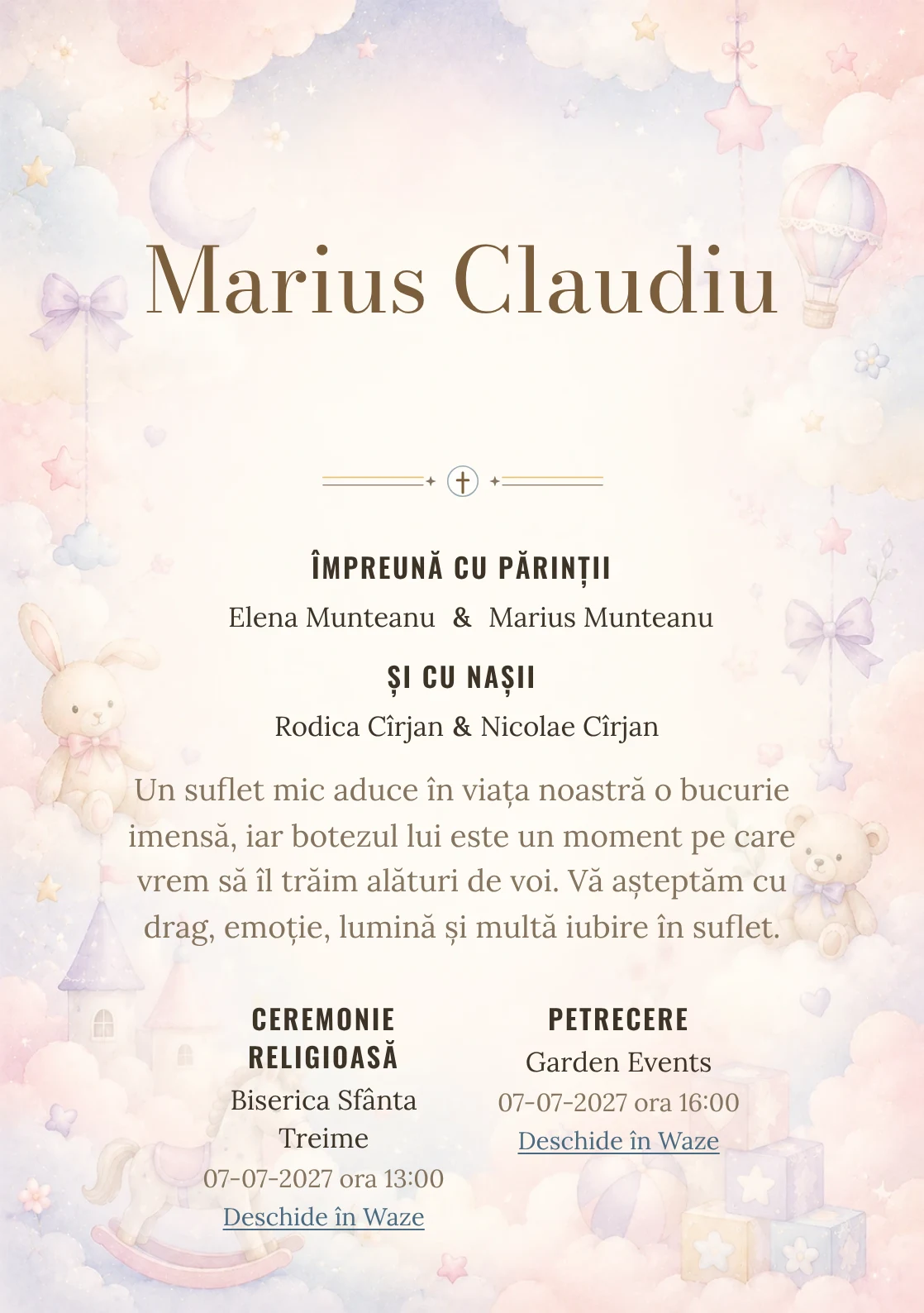 Invitație digitală de botez Poveste cu Nori, fundal cu nori stilizați, jucării fine, roz ceață, bleu pal și lila deschis și centru luminos pentru text