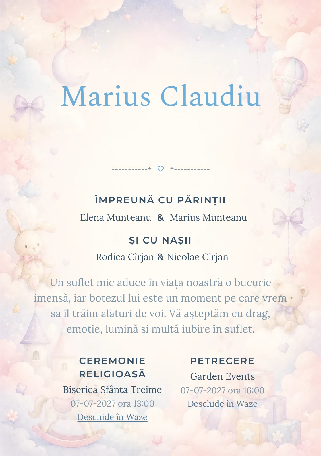 Invitație digitală de botez Poveste cu Nori, fundal cu nori stilizați, jucării fine, roz ceață, bleu pal și lila deschis și centru luminos pentru text