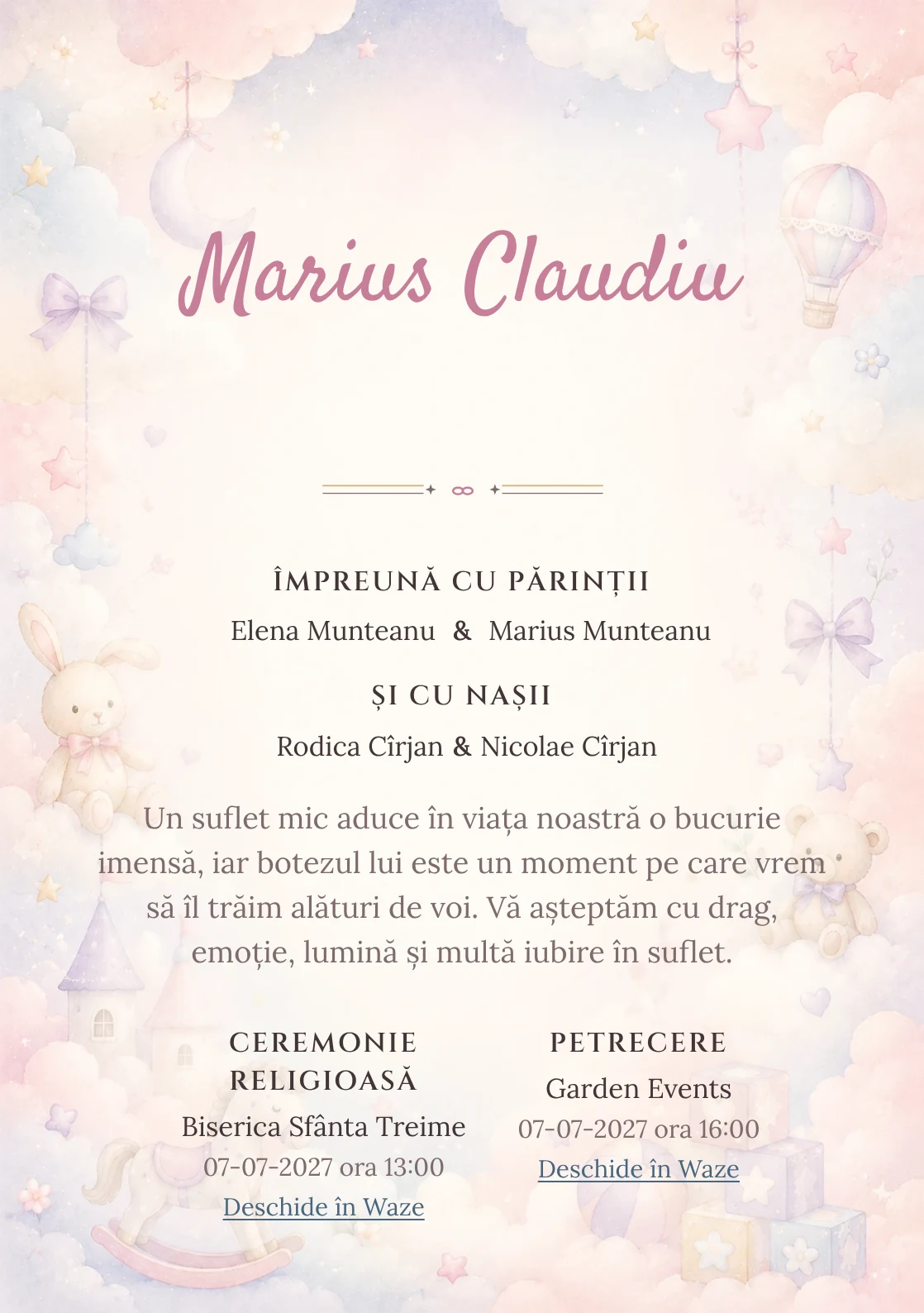 Invitație digitală de botez Poveste cu Nori, fundal cu nori stilizați, jucării fine, roz ceață, bleu pal și lila deschis și centru luminos pentru text