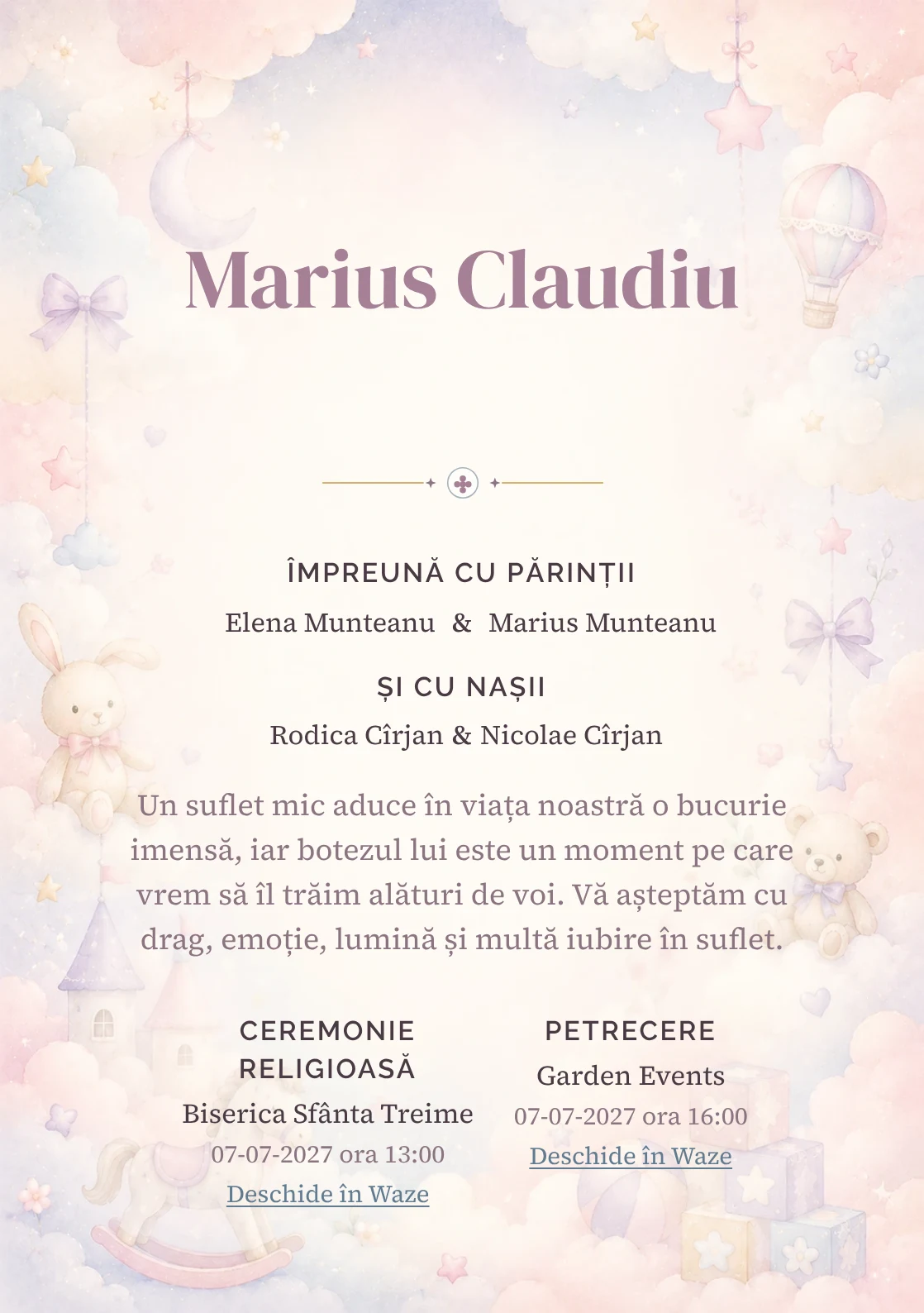 Invitație digitală de botez Poveste cu Nori, fundal cu nori stilizați, jucării fine, roz ceață, bleu pal și lila deschis și centru luminos pentru text