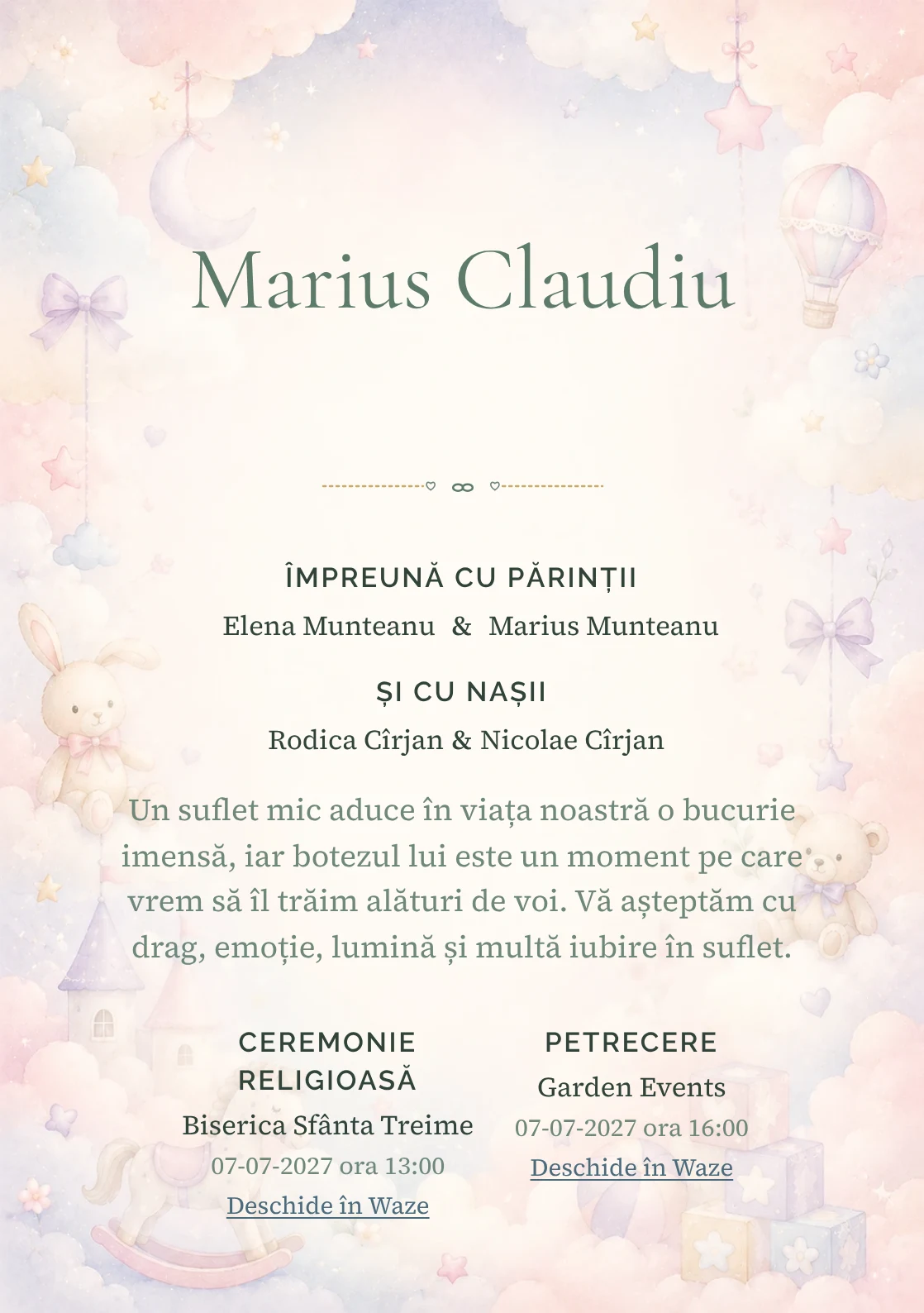 Invitație digitală de botez Poveste cu Nori, fundal cu nori stilizați, jucării fine, roz ceață, bleu pal și lila deschis și centru luminos pentru text