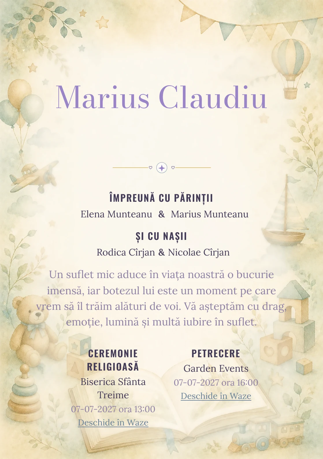 Invitație digitală de botez Povestea Copilului, fundal cu pagină de poveste, jucării fine, cuburi, turcoaz deschis și caramel și centru luminos pentru text