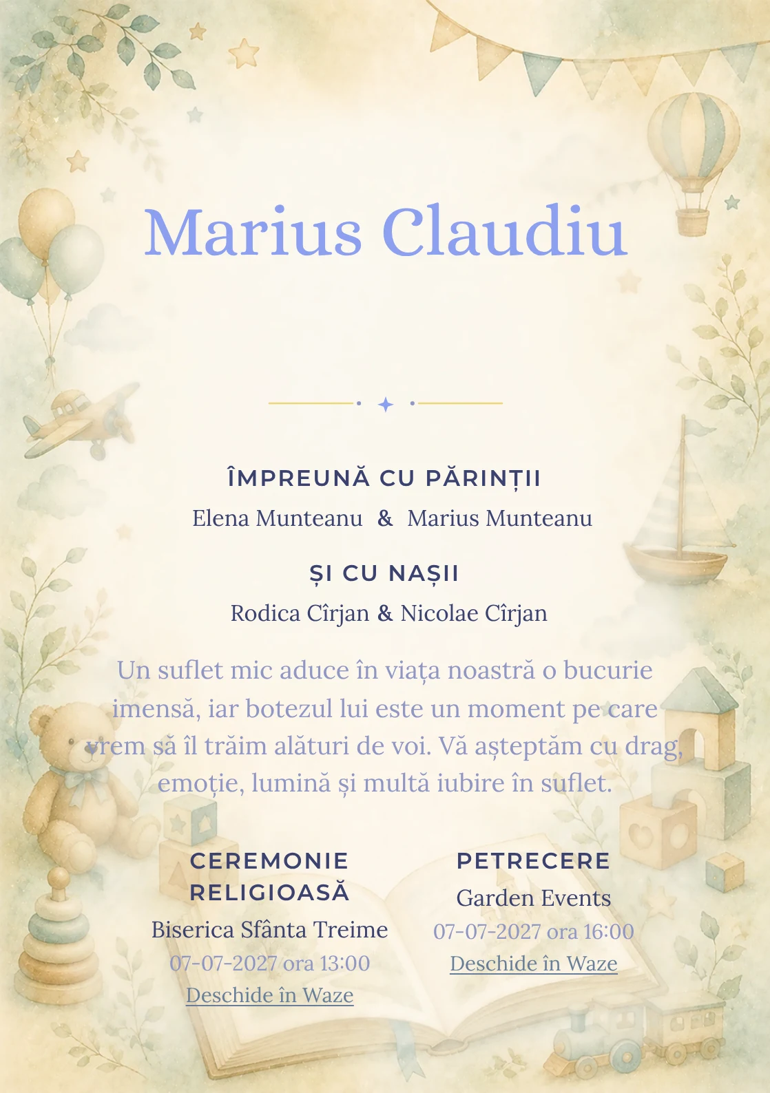 Invitație digitală de botez Povestea Copilului, fundal cu pagină de poveste, jucării fine, cuburi, turcoaz deschis și caramel și centru luminos pentru text
