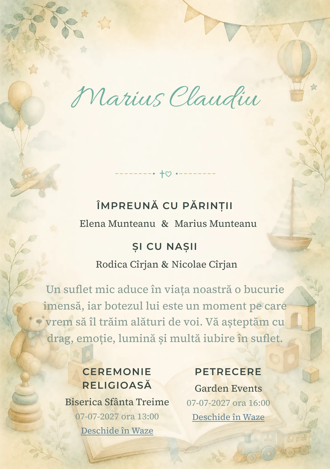 Invitație digitală de botez Povestea Copilului, fundal cu pagină de poveste, jucării fine, cuburi, turcoaz deschis și caramel și centru luminos pentru text