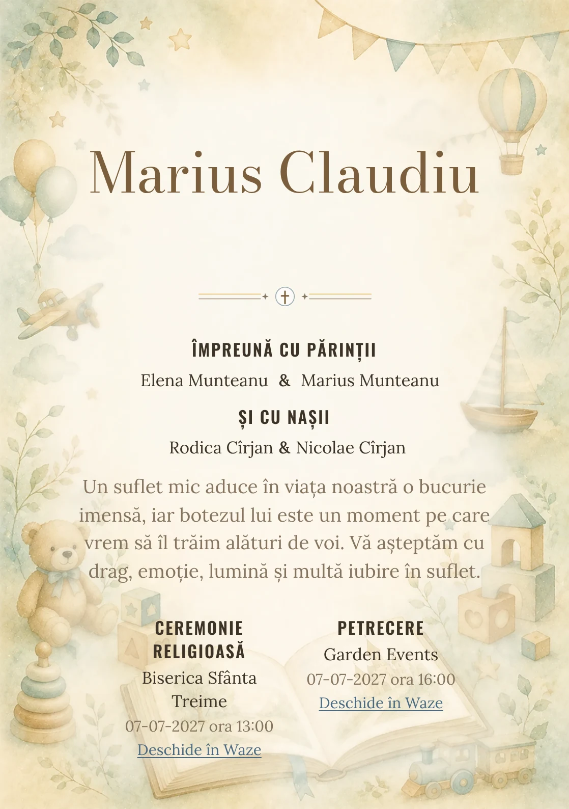 Invitație digitală de botez Povestea Copilului, fundal cu pagină de poveste, jucării fine, cuburi, turcoaz deschis și caramel și centru luminos pentru text
