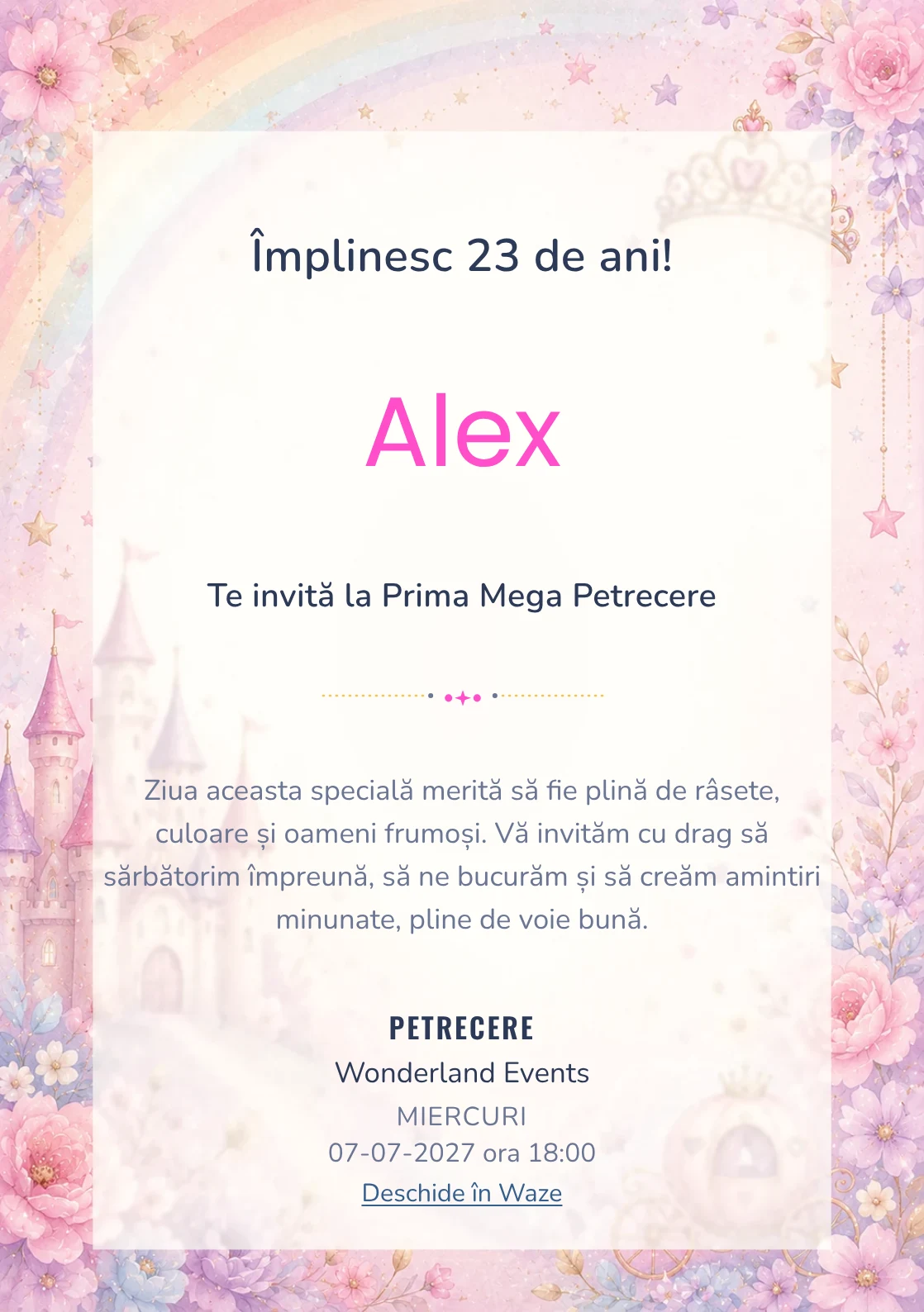 Invitație digitală de zi de naștere Prințesa Curcubeu, fundal pastel cu castel, coroniță, curcubeu soft și steluțe