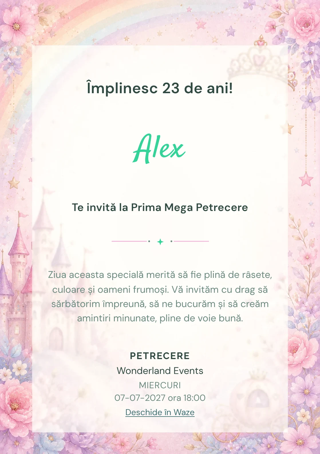 Invitație digitală de zi de naștere Prințesa Curcubeu, fundal pastel cu castel, coroniță, curcubeu soft și steluțe