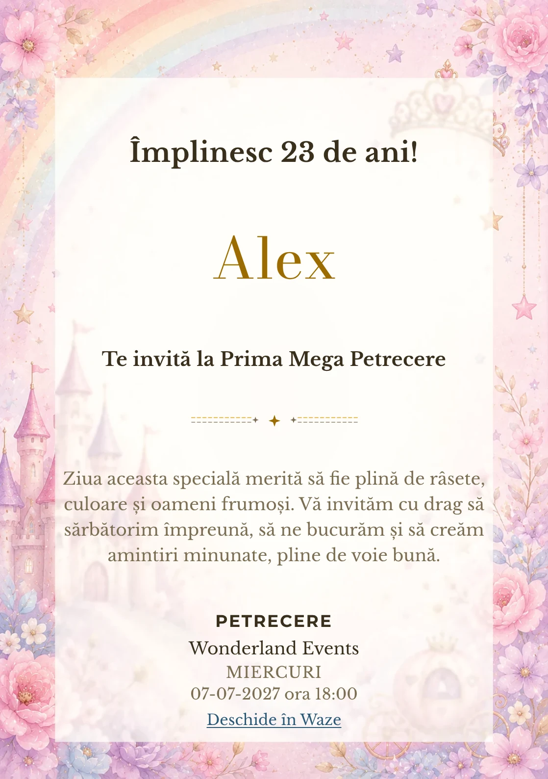 Invitație digitală de zi de naștere Prințesa Curcubeu, fundal pastel cu castel, coroniță, curcubeu soft și steluțe