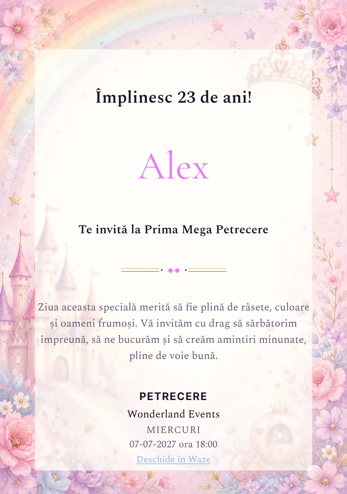 Invitație digitală de zi de naștere Prințesa Curcubeu, fundal pastel cu castel, coroniță, curcubeu soft și steluțe