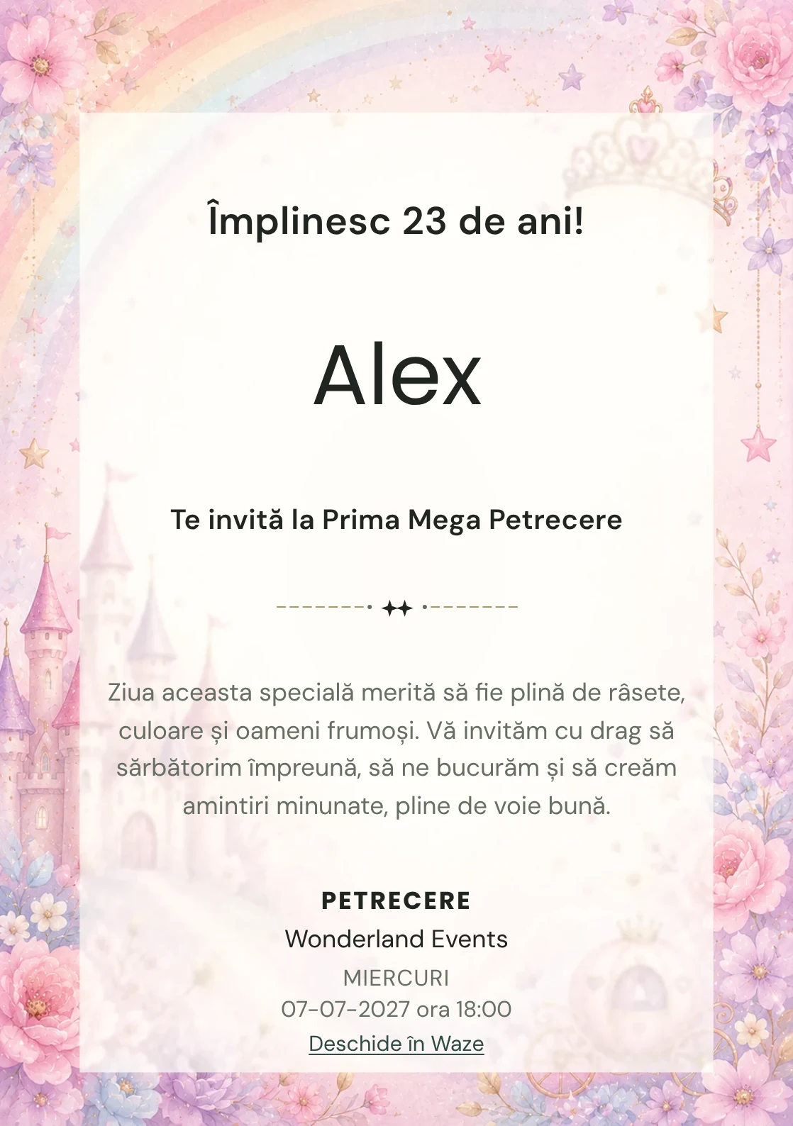 Invitație digitală de zi de naștere Prințesa Curcubeu, fundal pastel cu castel, coroniță, curcubeu soft și steluțe