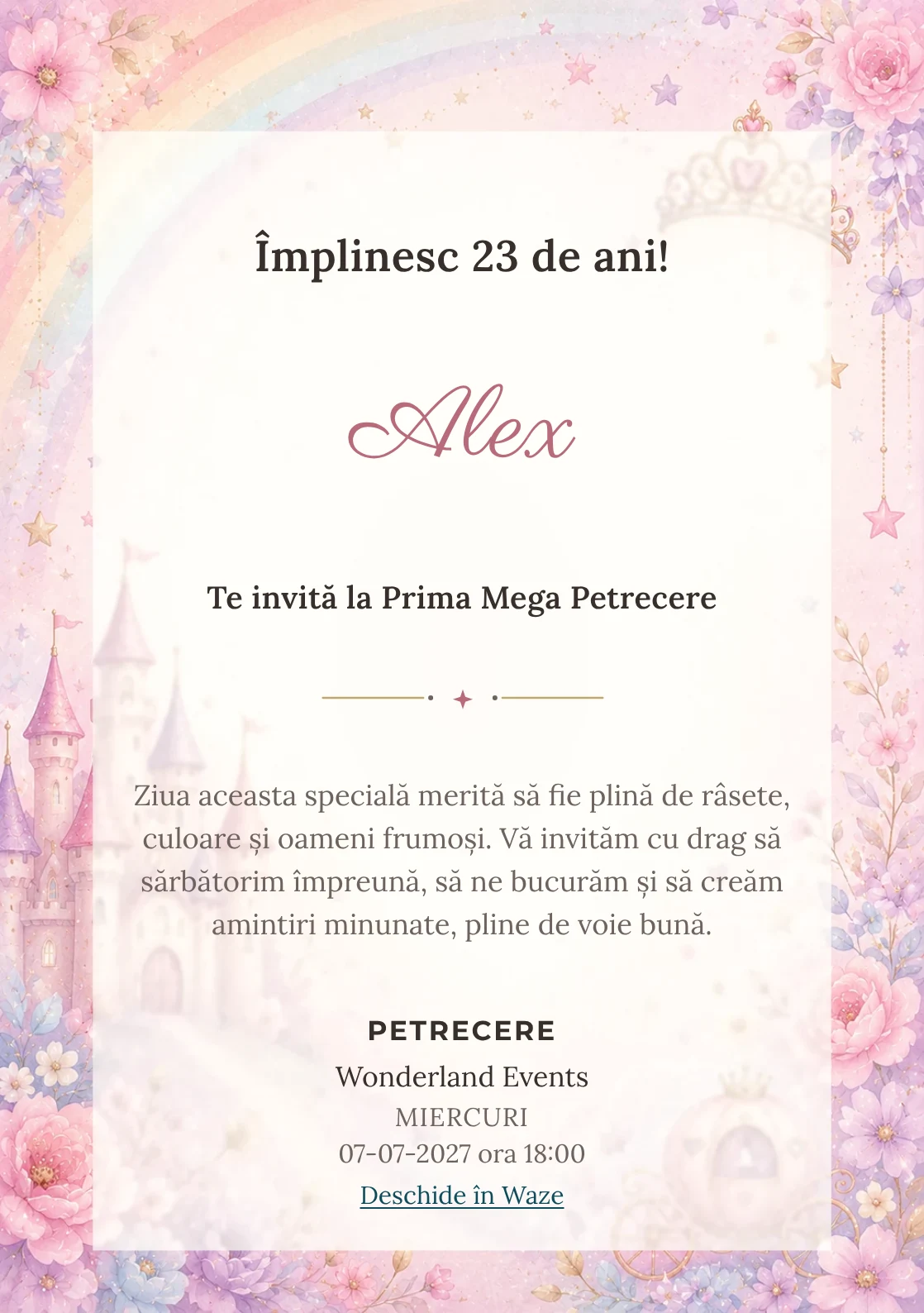 Invitație digitală de zi de naștere Prințesa Curcubeu, fundal pastel cu castel, coroniță, curcubeu soft și steluțe