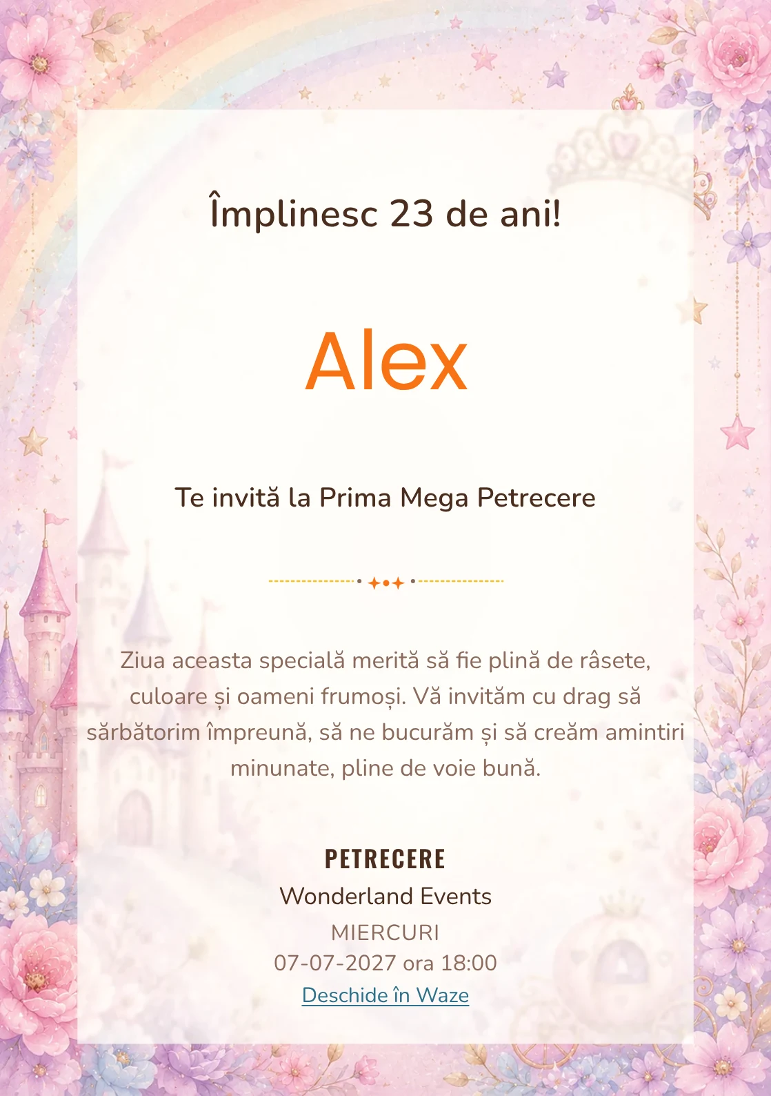 Invitație digitală de zi de naștere Prințesa Curcubeu, fundal pastel cu castel, coroniță, curcubeu soft și steluțe