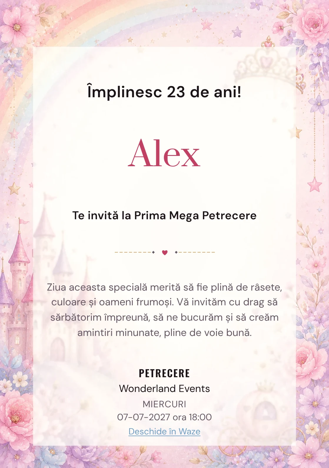 Invitație digitală de zi de naștere Prințesa Curcubeu, fundal pastel cu castel, coroniță, curcubeu soft și steluțe