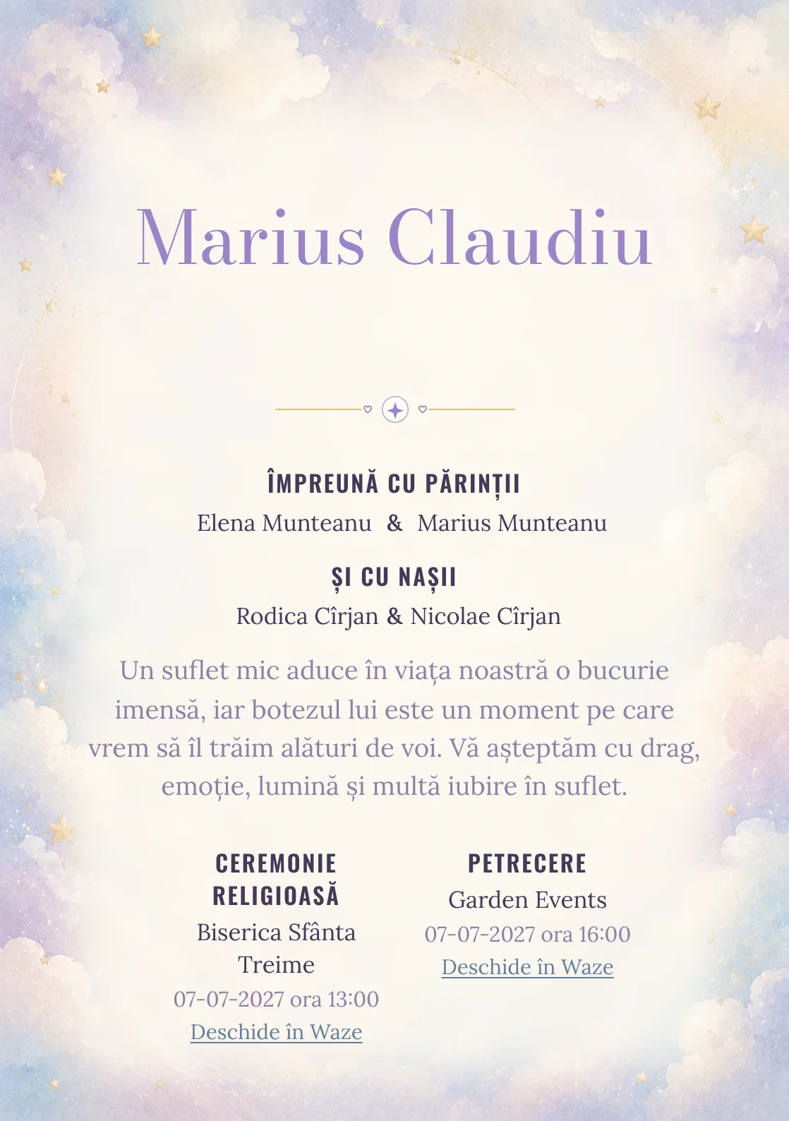 Invitație digitală de botez Puf de Nor, fundal cu nori vaporoși, accente aurii mate, bleu, lila foarte deschis și crem și centru luminos pentru text