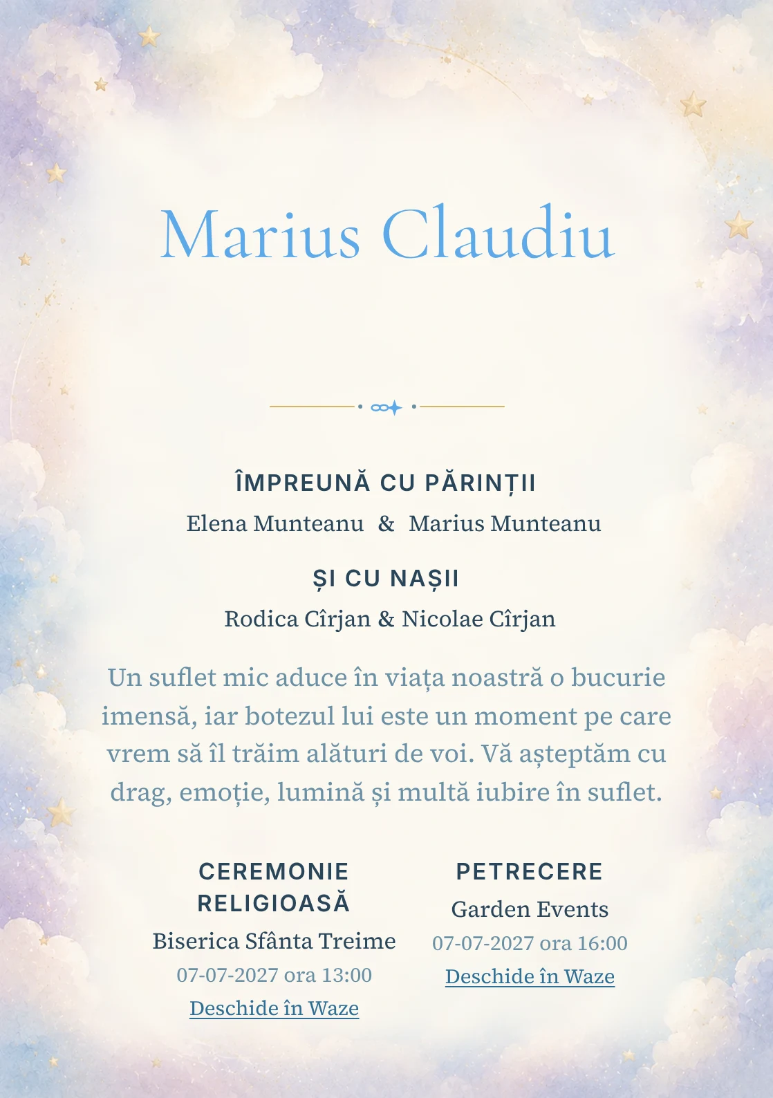 Invitație digitală de botez Puf de Nor, fundal cu nori vaporoși, accente aurii mate, bleu, lila foarte deschis și crem și centru luminos pentru text