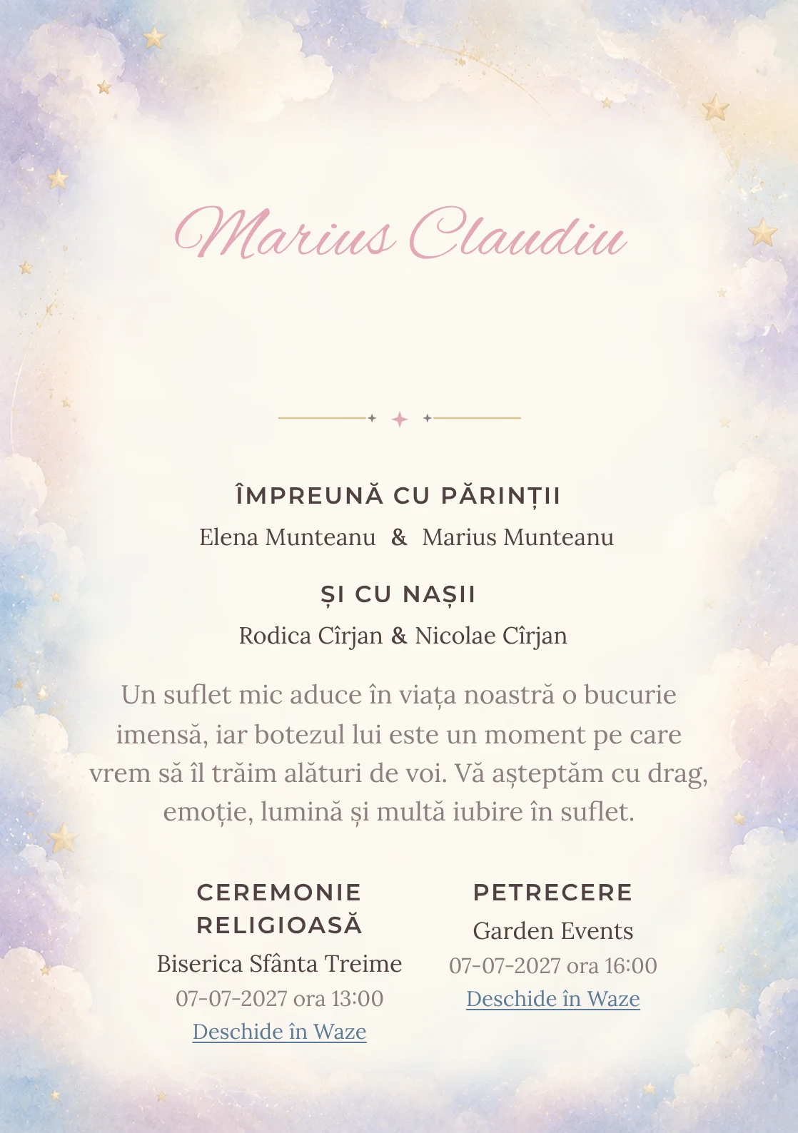 Invitație digitală de botez Puf de Nor, fundal cu nori vaporoși, accente aurii mate, bleu, lila foarte deschis și crem și centru luminos pentru text