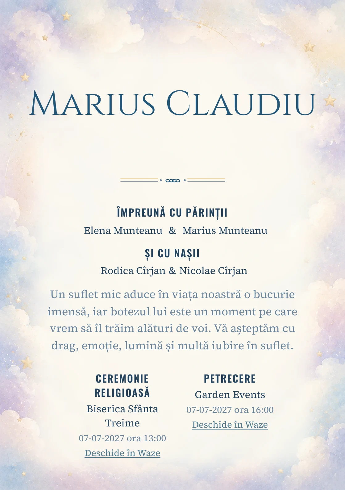 Invitație digitală de botez Puf de Nor, fundal cu nori vaporoși, accente aurii mate, bleu, lila foarte deschis și crem și centru luminos pentru text
