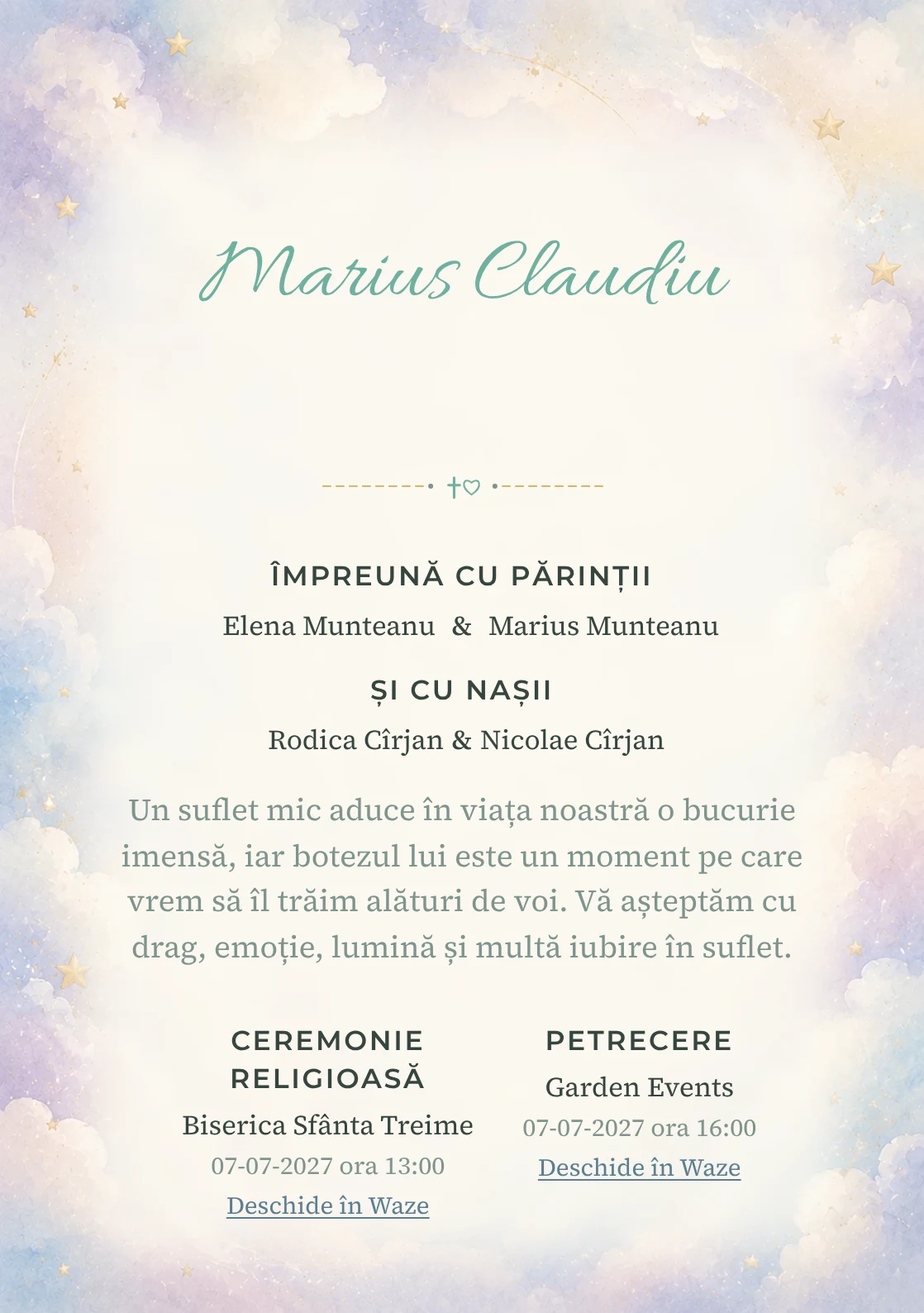 Invitație digitală de botez Puf de Nor, fundal cu nori vaporoși, accente aurii mate, bleu, lila foarte deschis și crem și centru luminos pentru text