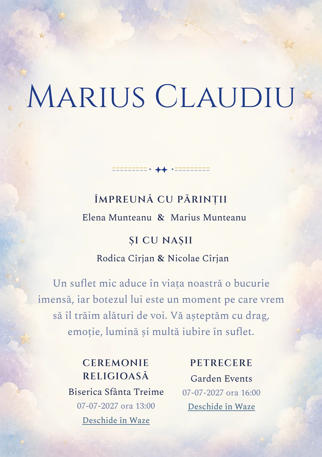 Invitație digitală de botez Puf de Nor, fundal cu nori vaporoși, accente aurii mate, bleu, lila foarte deschis și crem și centru luminos pentru text