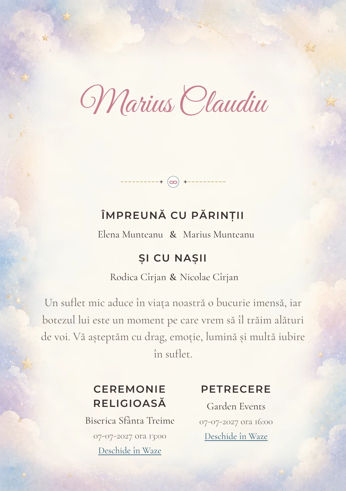 Invitație digitală de botez Puf de Nor, fundal cu nori vaporoși, accente aurii mate, bleu, lila foarte deschis și crem și centru luminos pentru text