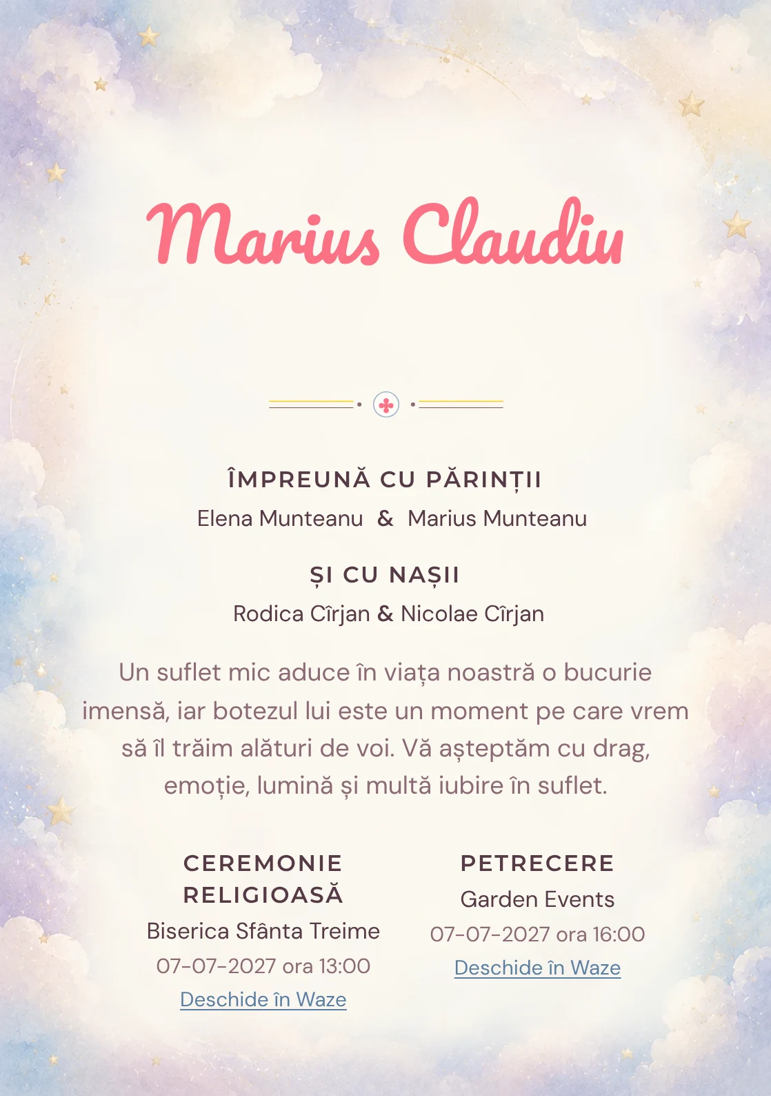 Invitație digitală de botez Puf de Nor, fundal cu nori vaporoși, accente aurii mate, bleu, lila foarte deschis și crem și centru luminos pentru text