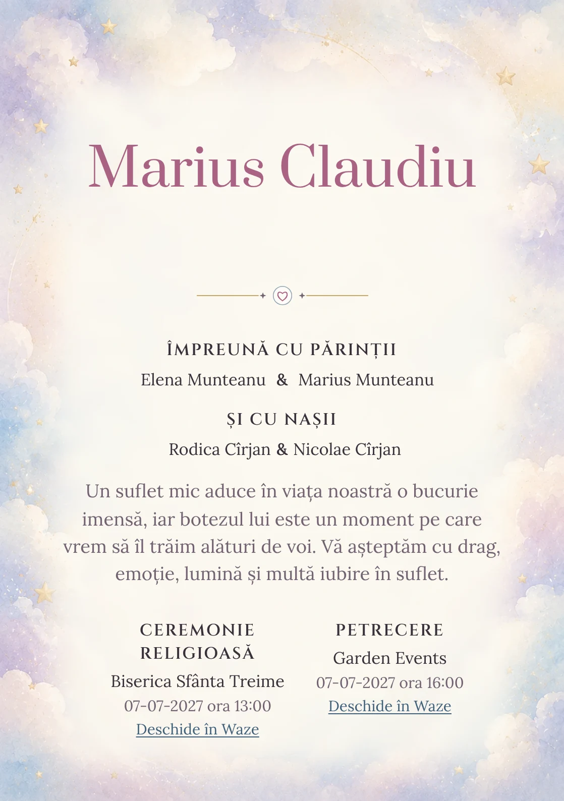 Invitație digitală de botez Puf de Nor, fundal cu nori vaporoși, accente aurii mate, bleu, lila foarte deschis și crem și centru luminos pentru text