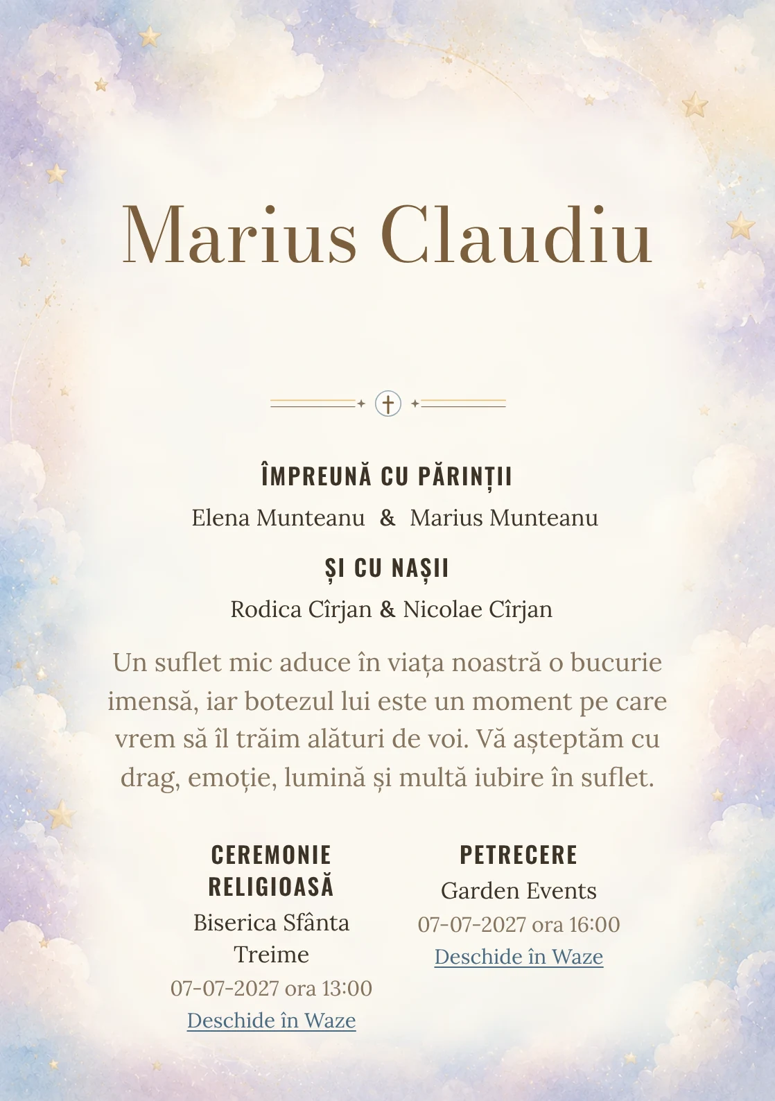 Invitație digitală de botez Puf de Nor, fundal cu nori vaporoși, accente aurii mate, bleu, lila foarte deschis și crem și centru luminos pentru text
