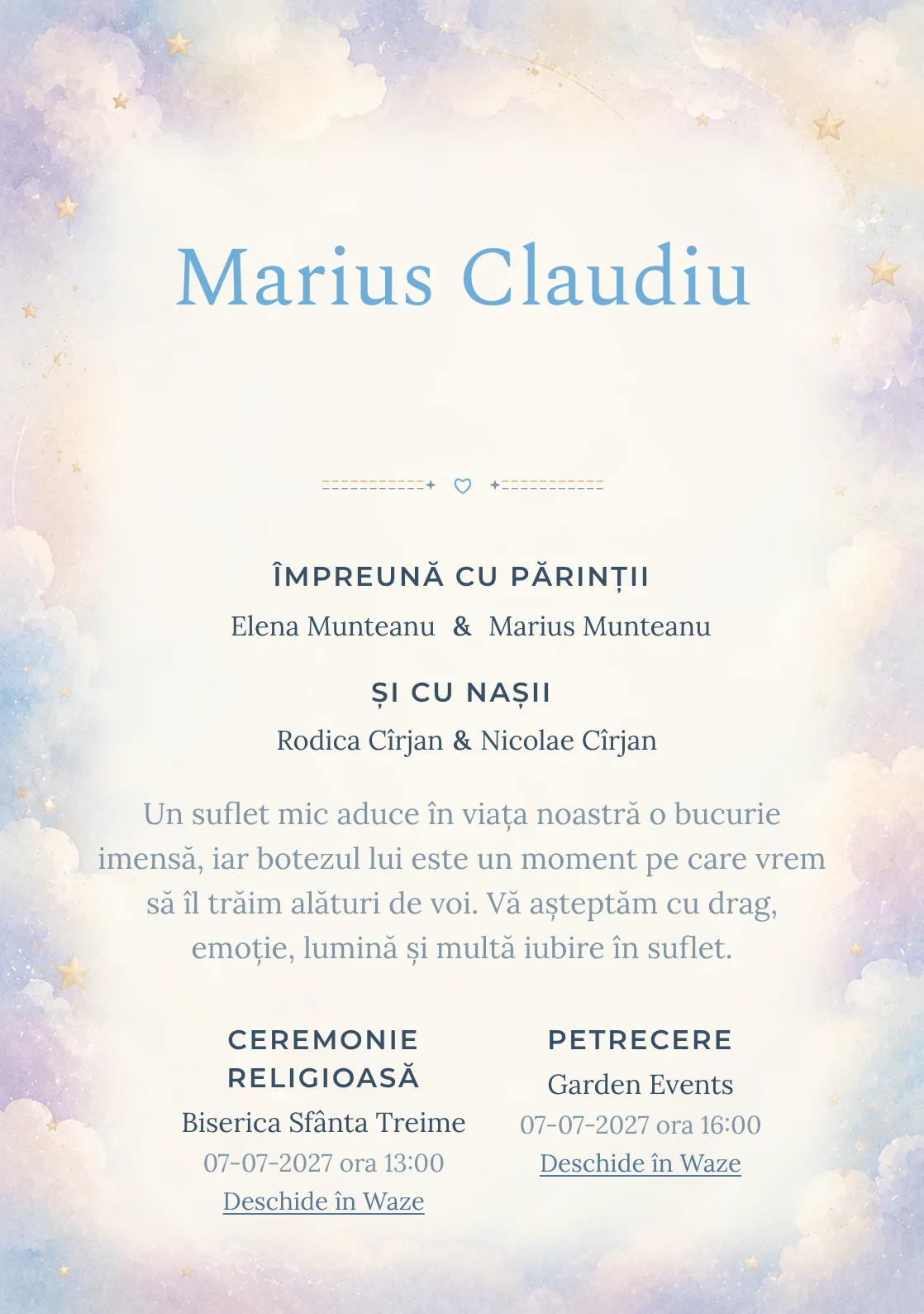 Invitație digitală de botez Puf de Nor, fundal cu nori vaporoși, accente aurii mate, bleu, lila foarte deschis și crem și centru luminos pentru text