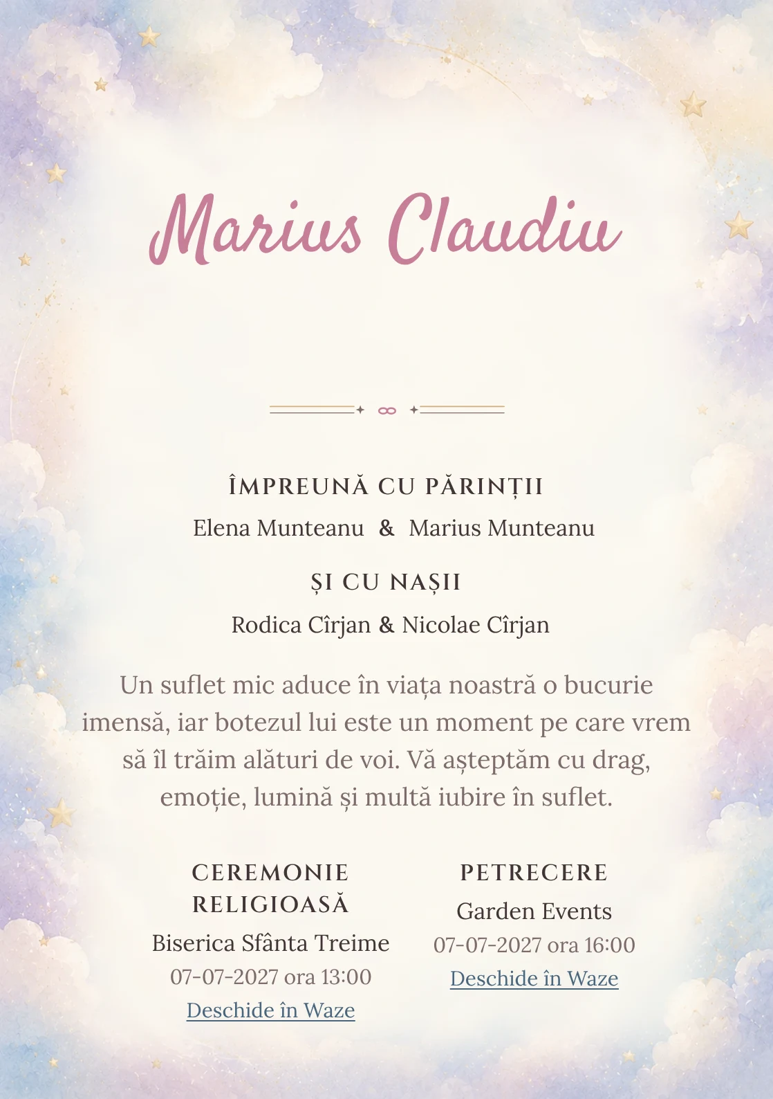 Invitație digitală de botez Puf de Nor, fundal cu nori vaporoși, accente aurii mate, bleu, lila foarte deschis și crem și centru luminos pentru text