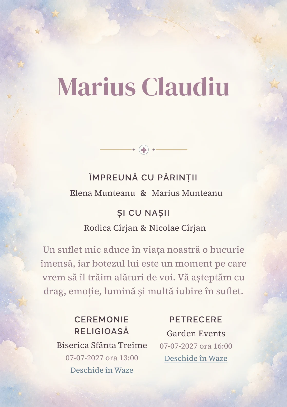 Invitație digitală de botez Puf de Nor, fundal cu nori vaporoși, accente aurii mate, bleu, lila foarte deschis și crem și centru luminos pentru text