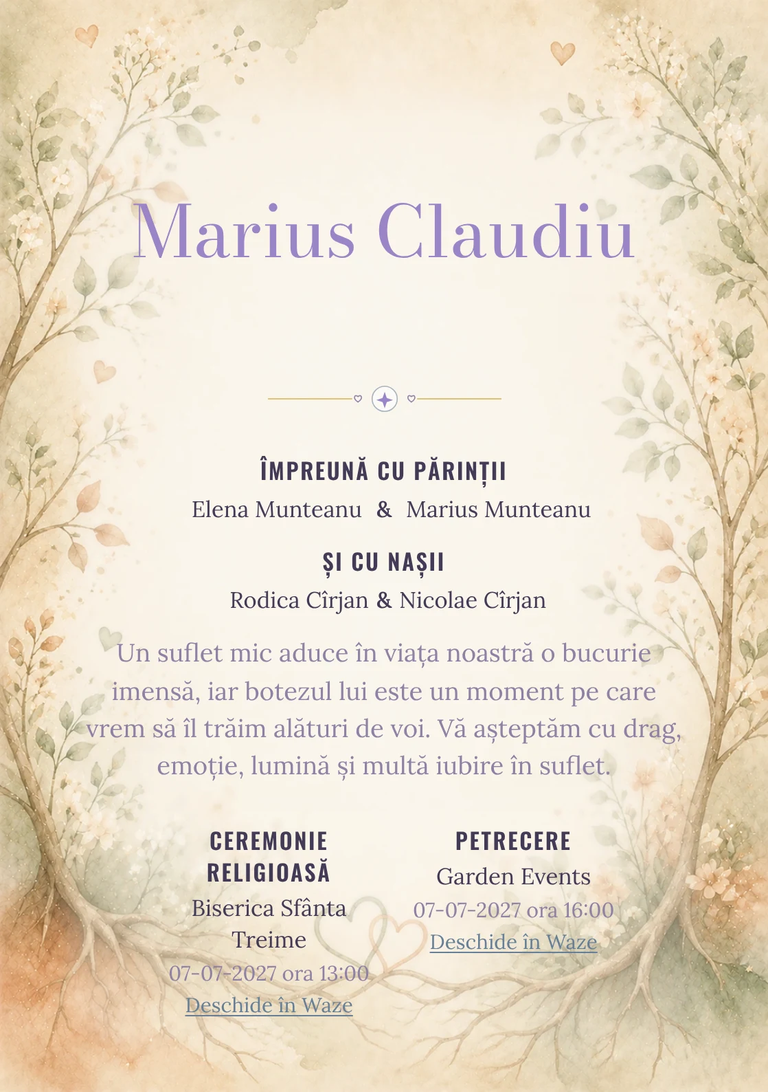 Invitație digitală de botez Rădăcini de Iubire, fundal cu rădăcini și ramuri de iubire, frunze delicate, flori mici, verde salvie și terracotta și centru luminos pentru text
