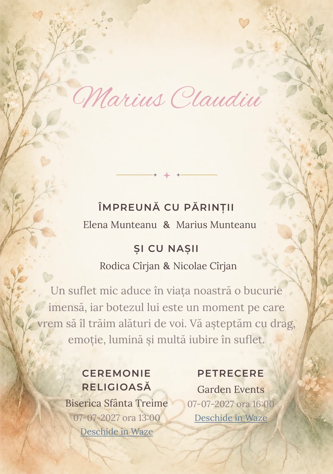 Invitație digitală de botez Rădăcini de Iubire, fundal cu rădăcini și ramuri de iubire, frunze delicate, flori mici, verde salvie și terracotta și centru luminos pentru text