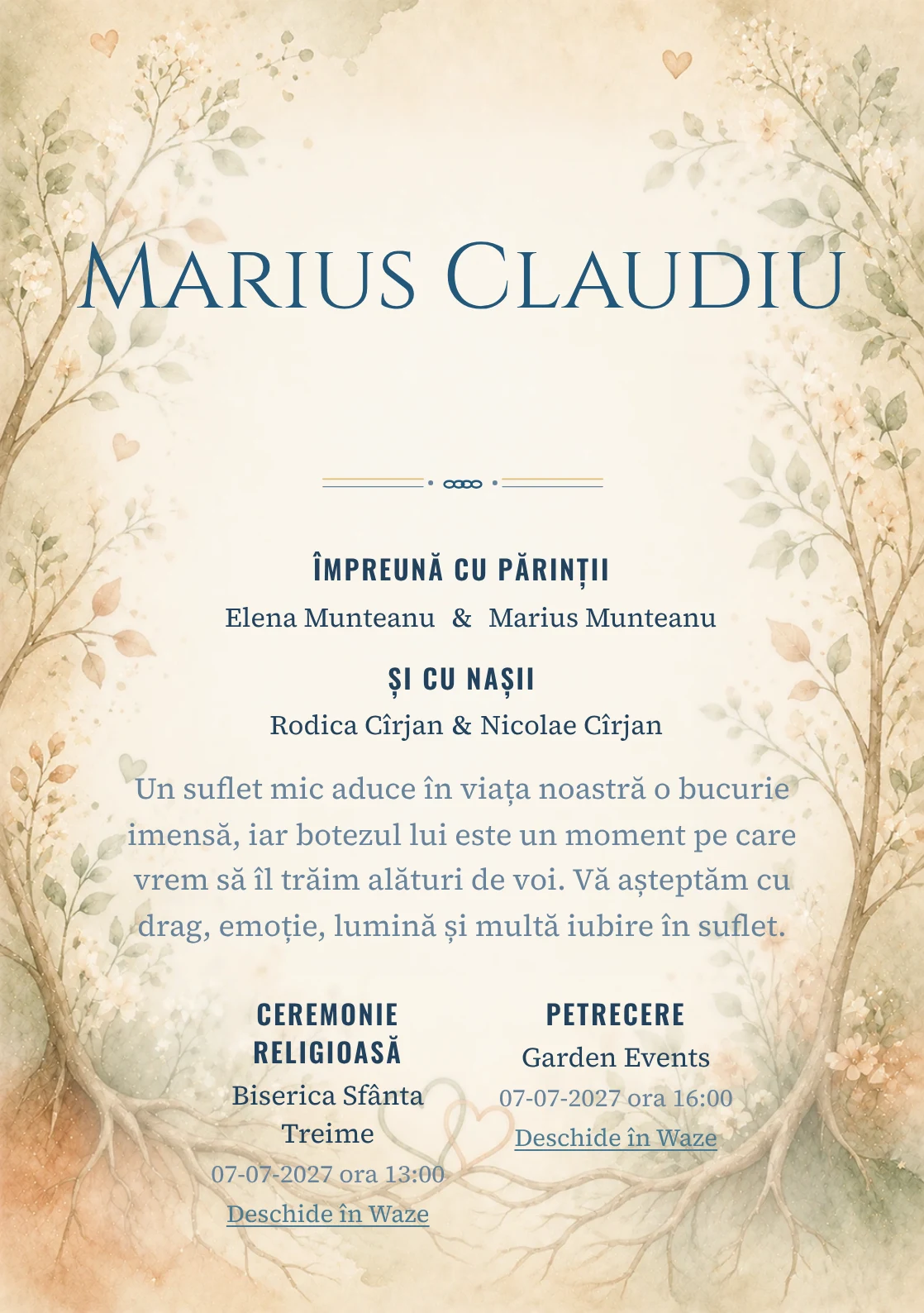Invitație digitală de botez Rădăcini de Iubire, fundal cu rădăcini și ramuri de iubire, frunze delicate, flori mici, verde salvie și terracotta și centru luminos pentru text